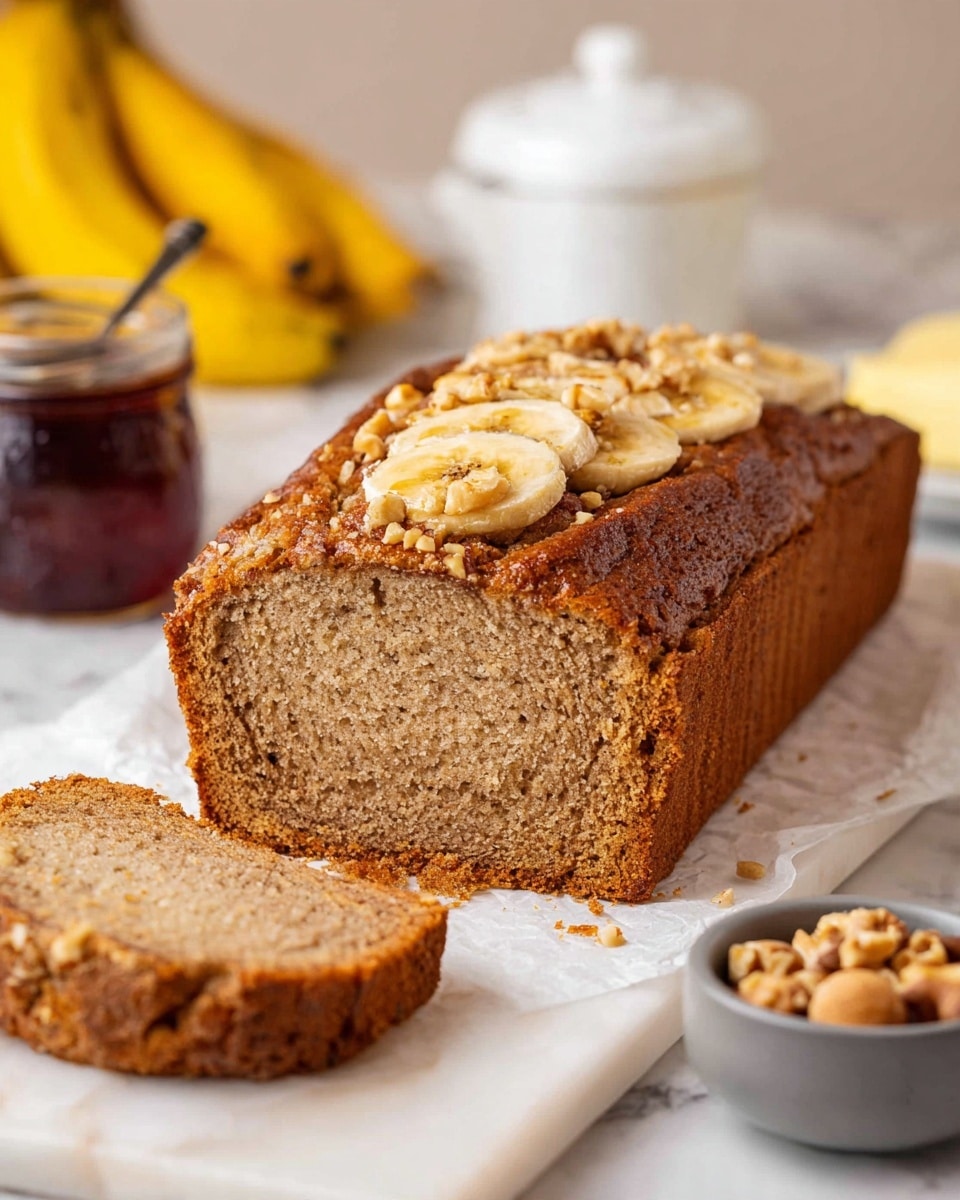 A thick loaf of banana bread with a golden brown crust sits on a white marbled surface, partially sliced to reveal a moist, light brown crumb inside. On top of the loaf, there are thin slices of banana and a sprinkling of crushed nuts, adding texture and detail. In the background, a small glass jar filled with dark syrup and a white butter dish with a lid are softly blurred, along with a bunch of bright yellow bananas. A small plate with butter and a gray bowl filled with more nuts are also visible, creating a cozy and inviting scene. photo taken with an iphone --ar 4:5 --v 7