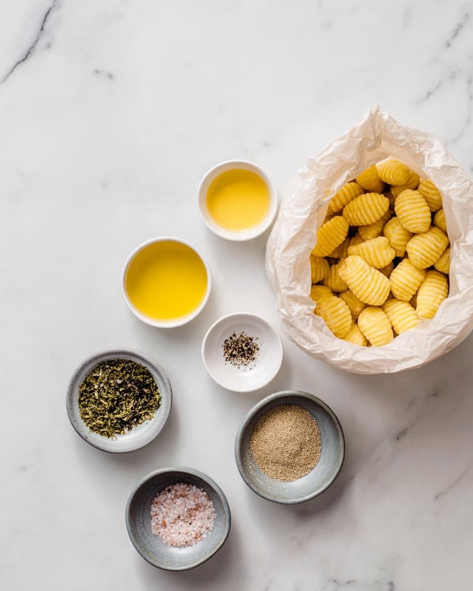 An open white bag filled with ridged yellow gnocchi sits on a white marbled surface. Around the bag are five small round bowls arranged loosely in a circle: two white bowls contain golden yellow liquids, one white bowl holds a mix of green dried herbs, one grey bowl has light brown granulated powder, and another grey bowl contains a mix of pink salt and black pepper. The colors range from pale yellow to dark specks, and the textures vary from smooth liquids to dry powders. The overall scene is bright and clean with soft natural light, photo taken with an iphone --ar 4:5 --v 7