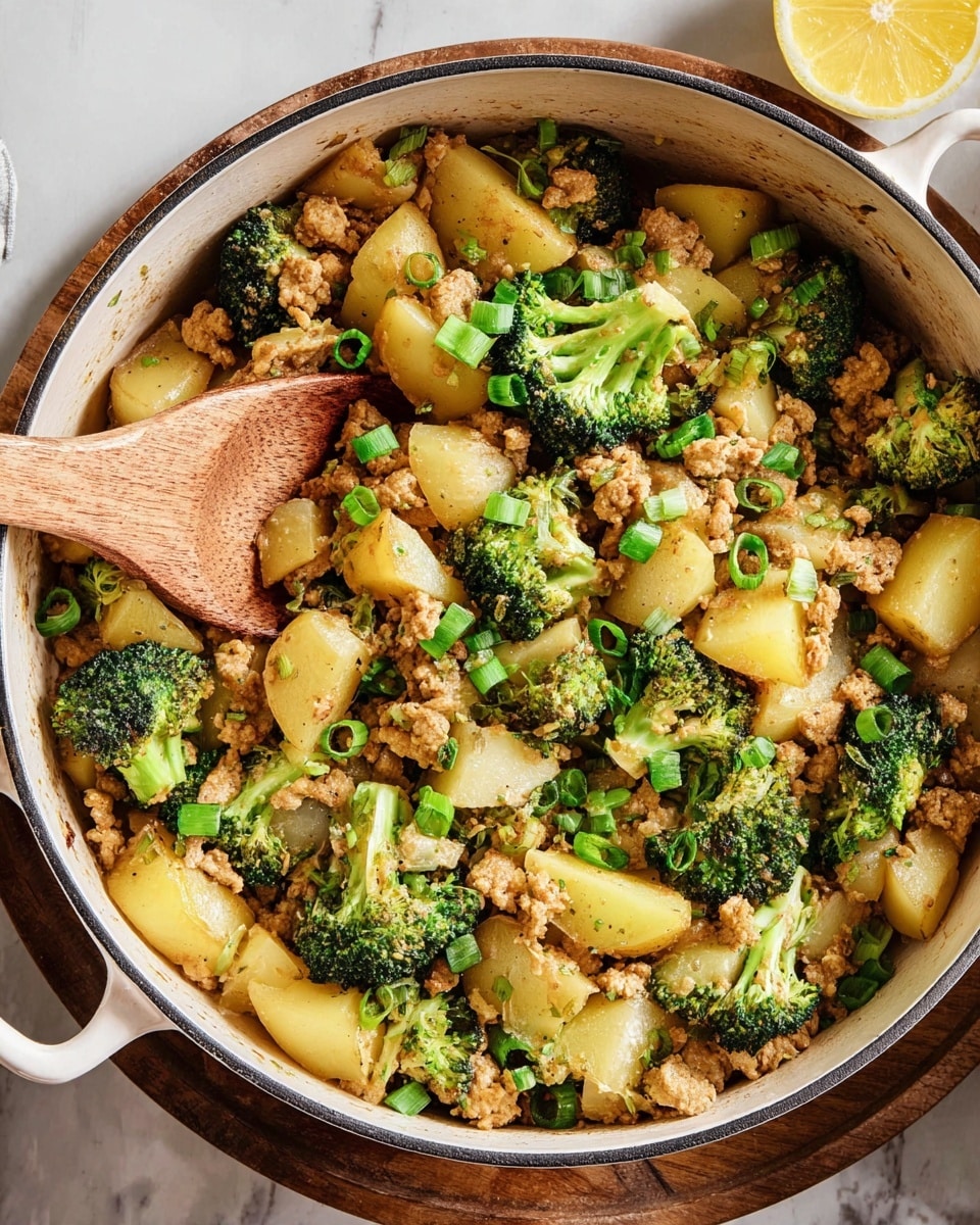 A white pot filled with a mixed dish showing a few layers. The bottom layer consists of light golden cooked potato chunks with soft, slightly rough textures. Mixed in are bright green broccoli florets that have a tender and fresh look. Scattered evenly through the dish is crumbled light brown cooked meat with a crumbly texture. Chopped fresh green onion slices are sprinkled on top, adding a fresh and crisp element. A wooden spoon rests inside the pot, partly mixing the contents. The pot is on a round wooden board, set on a white marbled surface. A lemon slice is partially visible in the top right corner. Photo taken with an iphone --ar 4:5 --v 7