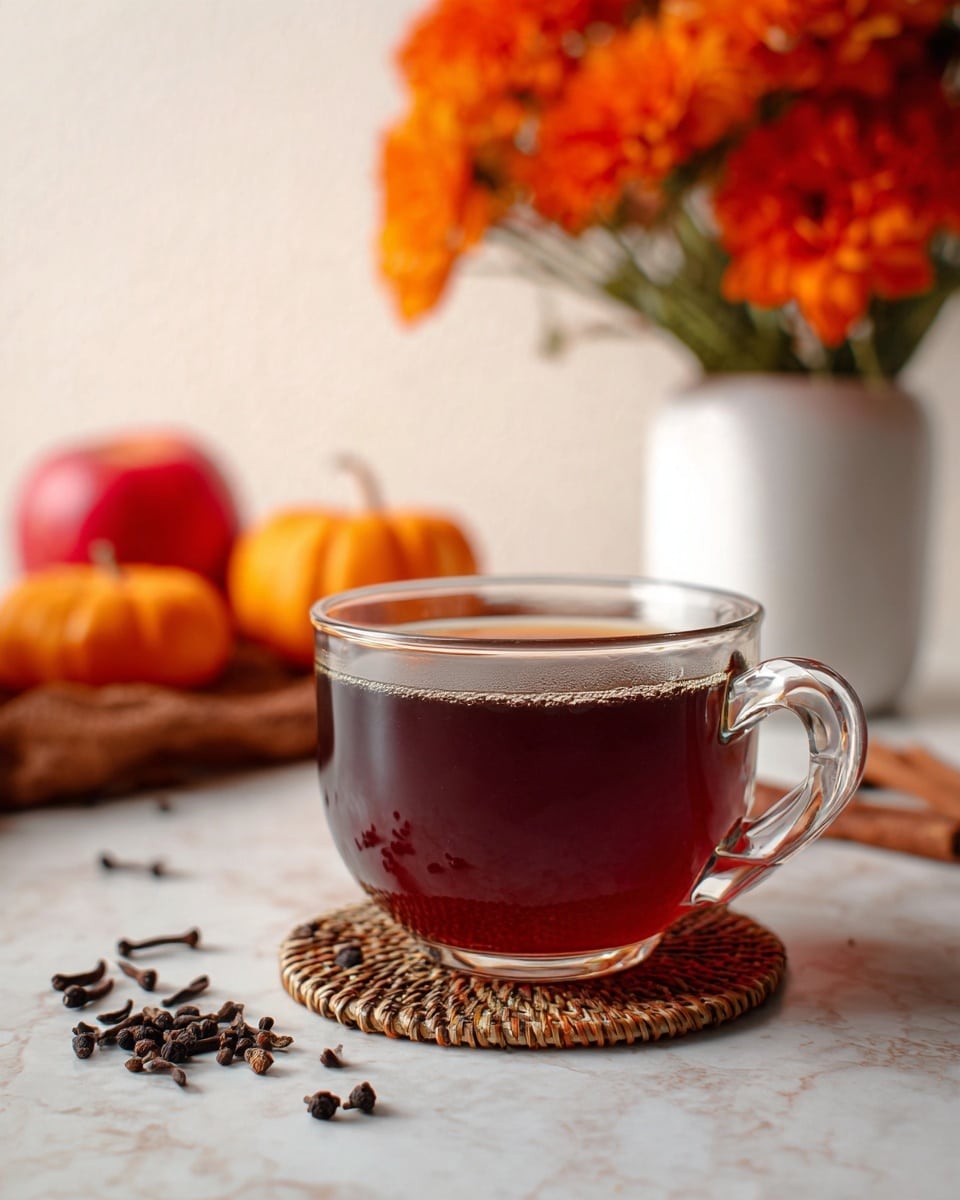 A clear glass cup filled with a dark reddish-brown liquid, placed on a small woven coaster on a white marbled surface. Around the cup, there are scattered whole spices like cloves, cinnamon sticks, and black peppercorns. In the background, there is a white vase with bright orange flowers, a red apple, and small orange pumpkins, all softly blurred. The cup handle is on the right side, and the drink surface is smooth with a thin layer of foam at the edge. photo taken with an iphone --ar 4:5 --v 7
