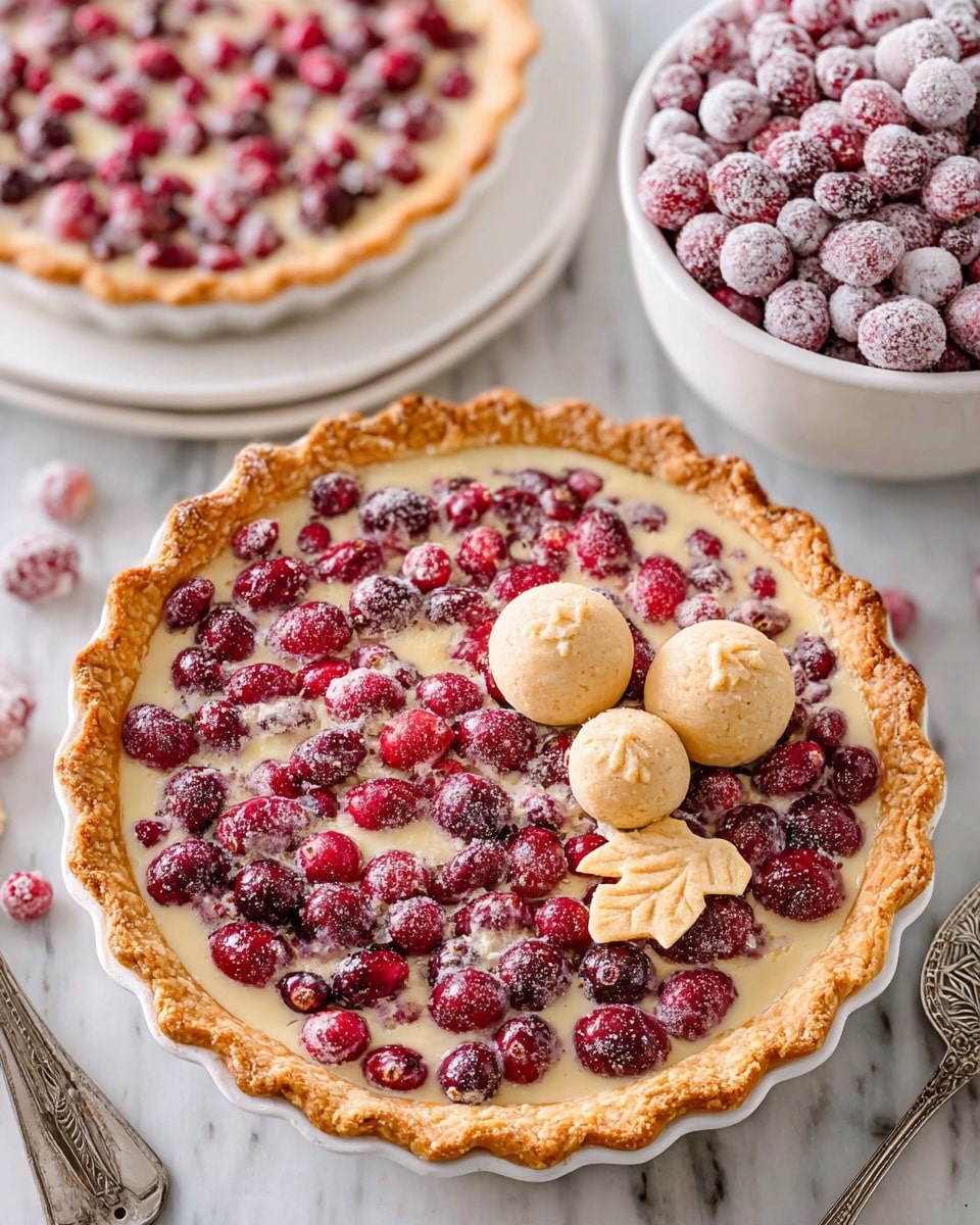 The image shows a round pie with a golden-brown crust that has a crimped edge, filled with bright red cranberries mixed in a creamy light filling. On top of the pie, near one edge, there are three small round dough balls and two leaf-shaped dough pieces as decoration. The pie sits on a white plate placed on a white marbled surface. In the background, there is a bowl filled with frosted cranberries and part of another similar pie on a white plate. A vintage metal pie server is also visible beside the bowl. Photo taken with an iphone --ar 4:5 --v 7