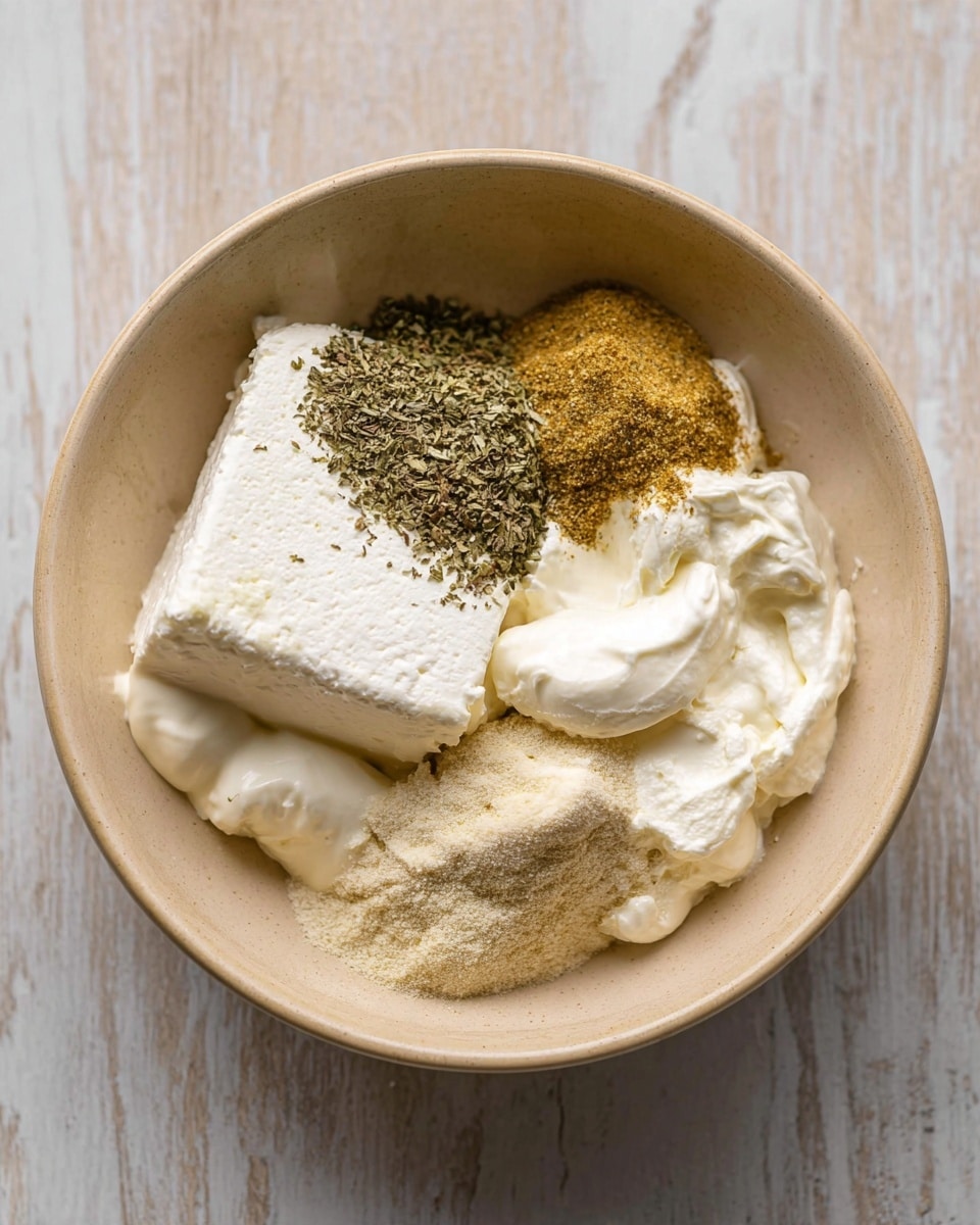 Inside a round white bowl, there is a top layer with a block of white cream cheese, rough and solid in texture. Surrounding it are creamy white dollops of sour cream and mayonnaise with a smooth and thick texture. On top of these creamy layers, there are scattered piles of dry spices: green dried herbs to the left, black pepper near the center-right, yellowish garlic powder at the bottom, and a light beige powder on the far right. The white bowl sits on a surface with a white marbled texture. photo taken with an iphone --ar 4:5 --v 7