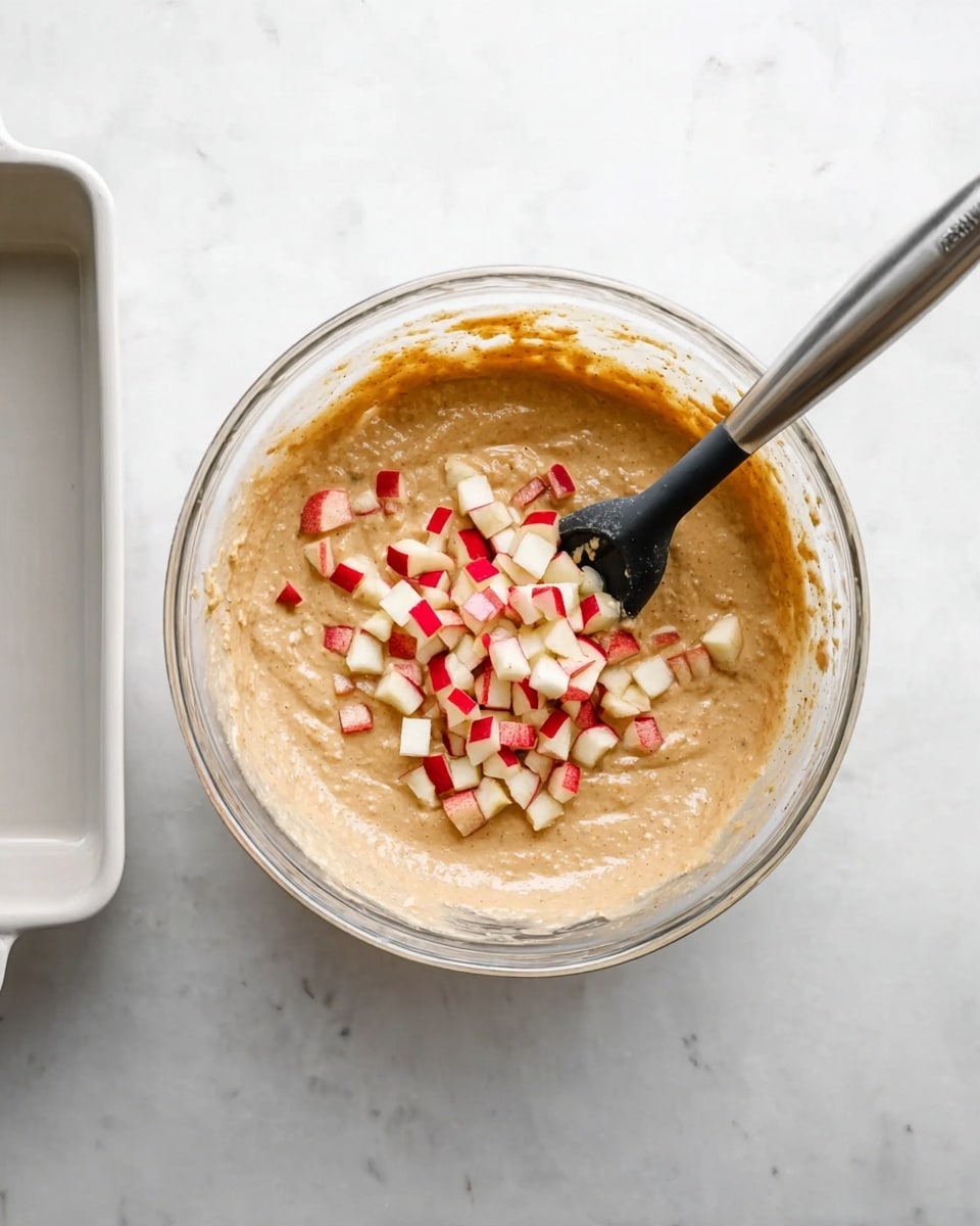 A clear glass bowl filled with light brown thick batter sits on a white marbled surface. On top of the batter, there are small cubes of red and white apple pieces spread around the center. A black silicone spatula with a silver handle is resting inside the bowl, partially buried in the batter and apple pieces. To the left, there is a white rectangular baking dish with handles, placed on the same white marbled surface. The overall scene is well lit and simple. photo taken with an iphone --ar 4:5 --v 7