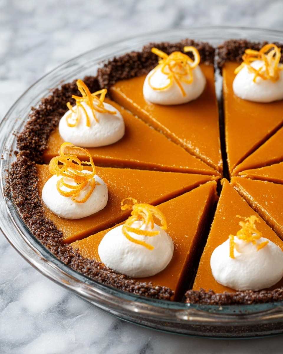 A pumpkin pie with a smooth, deep orange filling sits in a clear glass pie dish with a thick, dark brown crumb crust around the edge. The pie is sliced into eight even pieces, and each slice is topped with a round dollop of white whipped cream. On top of each dollop, there is a thin, curly strip of bright orange peel for decoration. The pie is placed on a white marbled surface. photo taken with an iphone --ar 4:5 --v 7
