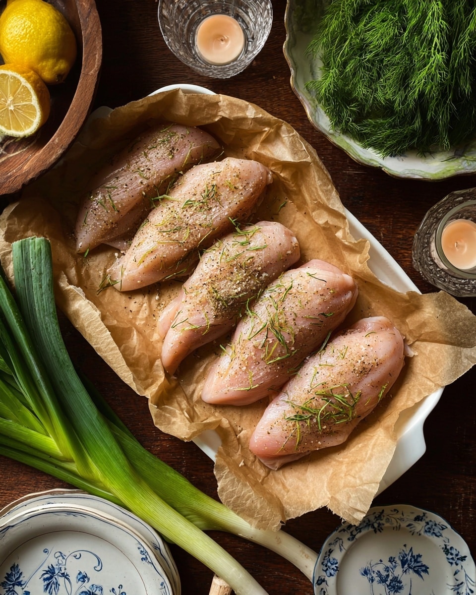 The image shows four raw pieces of chicken breast lined up on a white rectangular tray covered with brown parchment paper; the chicken is pale pink with a light sprinkle of dried herbs and spices over each piece. The tray rests on a dark wooden surface, surrounded by fresh green leeks at the bottom left, a yellow lemon on a wooden dish at the top left, and a white ceramic dish filled with fresh green dill to the top right. Nearby, there is a small white plate with blue floral patterns and another small white scalloped dish. A clear glass candle holder with a lit candle is near the top center. The whole scene is arranged neatly and lit softly, with a white marbled texture visible beneath the wooden surface at some edges. photo taken with an iphone --ar 4:5 --v 7