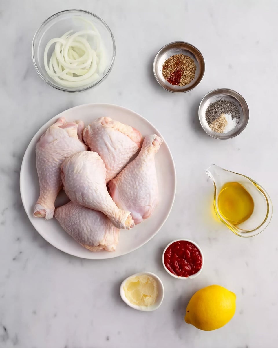 A white plate holds four raw chicken legs with pale pink skin and some visible texture. Around the plate on a white marbled surface, there is a small glass bowl of thick white onion rings on the top left. At the top center, a small silver bowl contains brown spices. To the right of that, there is another small silver bowl with a mix of black and white powders. Below these, a small silver bowl holds a light yellow paste. A whole bright yellow lemon is positioned to the right center. Below the lemon, a small white bowl contains red paste or sauce, and finally at the bottom right, a small clear glass pitcher holds golden yellow oil. Photo taken with an iphone --ar 4:5 --v 7