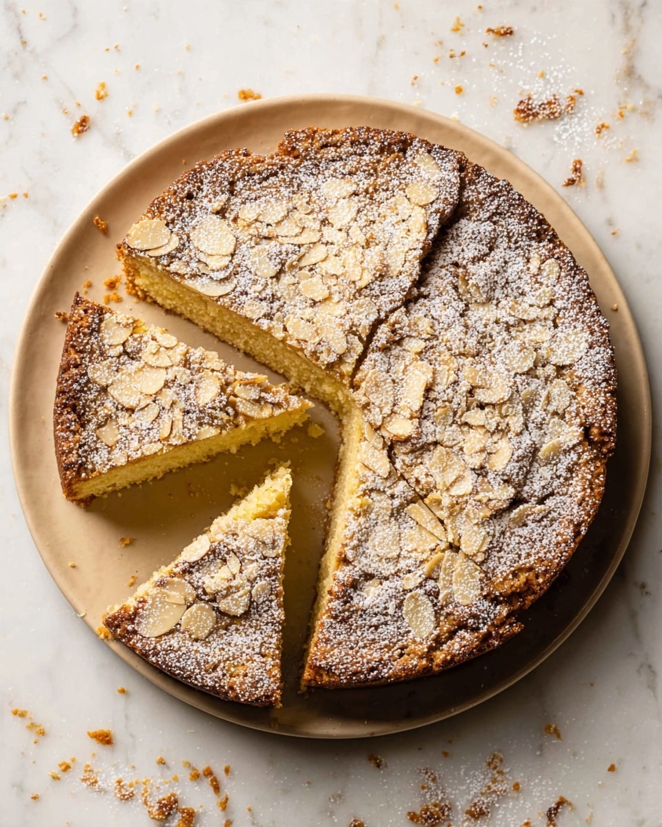 A round cake with a golden-brown color and a rough texture made of thin almond slices on top is placed on a light beige plate. The cake has been cut into five slices, with one slice slightly pulled out revealing a soft, yellow inside that looks moist and fluffy. The top surface is sprinkled with powdered sugar, adding a light white dust all over. The plate sits on a white marbled surface with some crumbs scattered around. The photo taken with an iphone --ar 4:5 --v 7