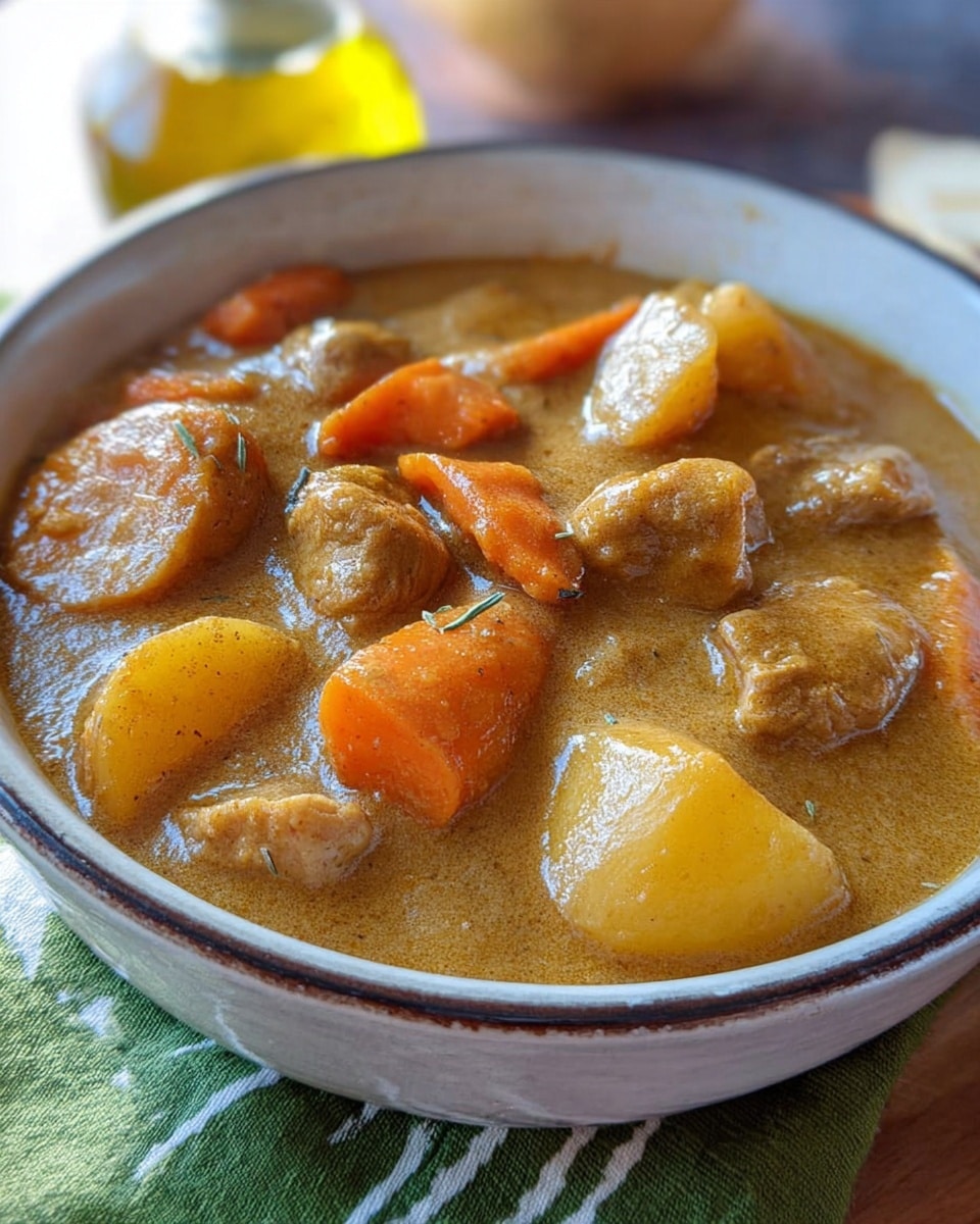 A close-up of a white bowl filled with thick stew containing light brown chunks, bright orange carrot slices, and pale yellow potato pieces in a creamy brown gravy. The bowl sits on a white marbled surface with a green cloth with white lines beside it, and a small glass container of oil slightly blurred in the background. The stew looks hearty and warm with smooth and chunky textures mixed together. photo taken with an iphone --ar 4:5 --v 7