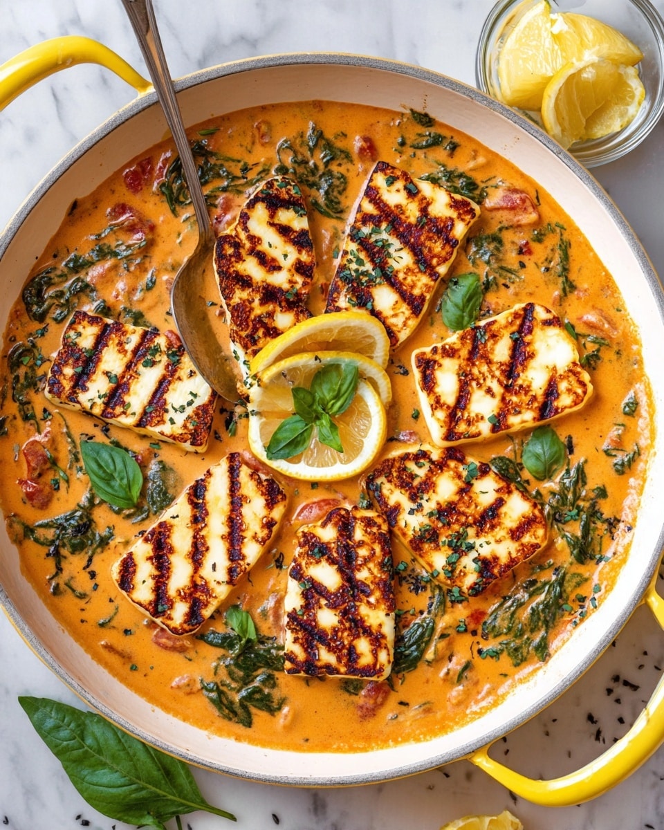 In a round white pan with a yellow handle, six grilled halloumi slices with clear dark brown grill marks are placed on top of a creamy orange sauce mixed with green spinach leaves and bits of red tomato. The sauce fills the pan completely, with a shiny texture and small visible herbs. Two lemon wedges are placed on the sauce – one whole wedge near the edge and three thin lemon slices in a small clear bowl to the side. A silver spoon rests in the sauce at the center of the pan, surrounded by fresh green basil leaves scattered throughout. The pan sits on a white marbled surface. Photo taken with an iphone --ar 4:5 --v 7