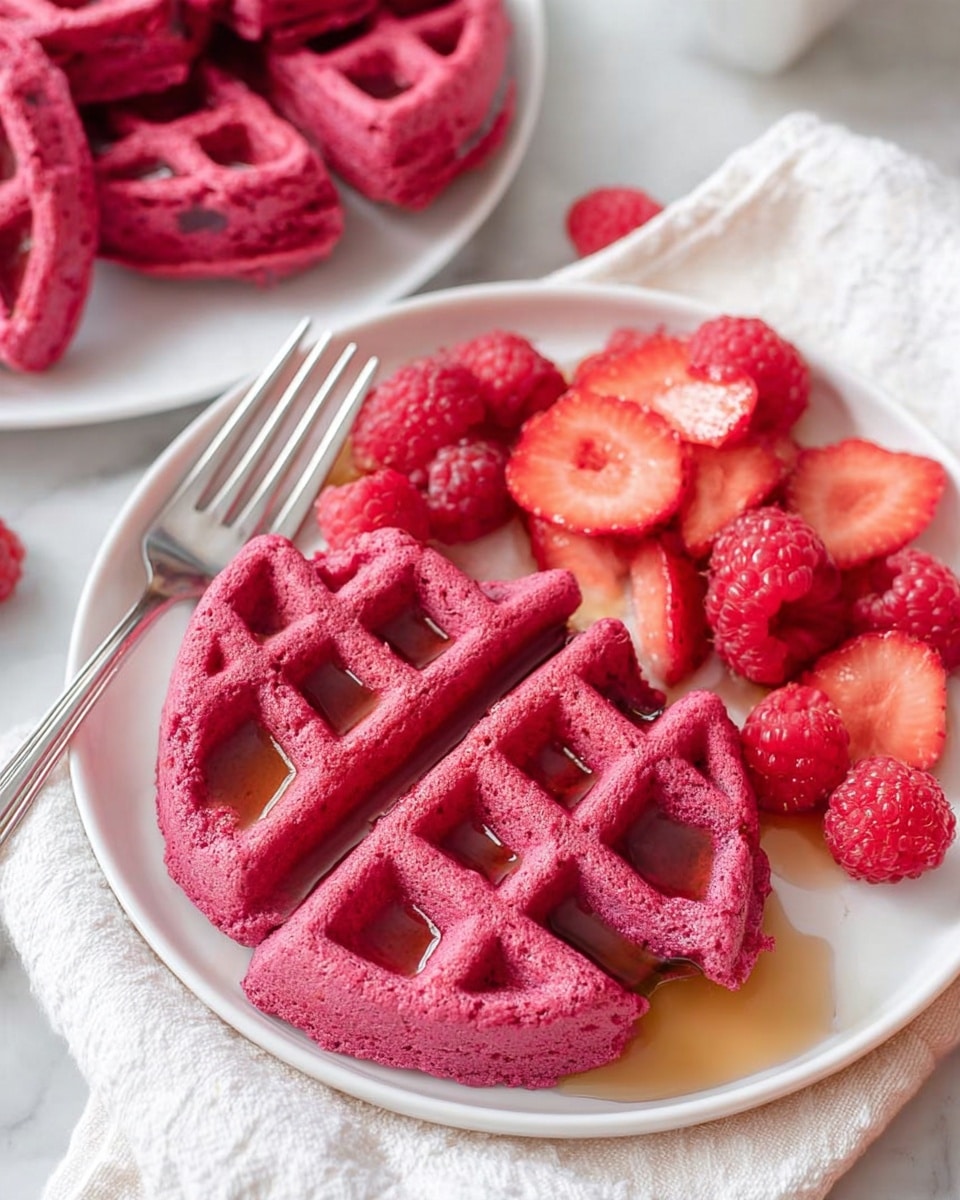 A white plate holds one bright pink waffle divided into four sections with syrup pooled in the square pockets. On the right side of the waffle, a pile of fresh red raspberries and sliced strawberries sits, adding texture and color contrast. In the background, more pieces of pink waffle rest on a white cloth, all set on a white marbled surface. A silver fork is placed near the plate. photo taken with an iphone --ar 4:5 --v 7