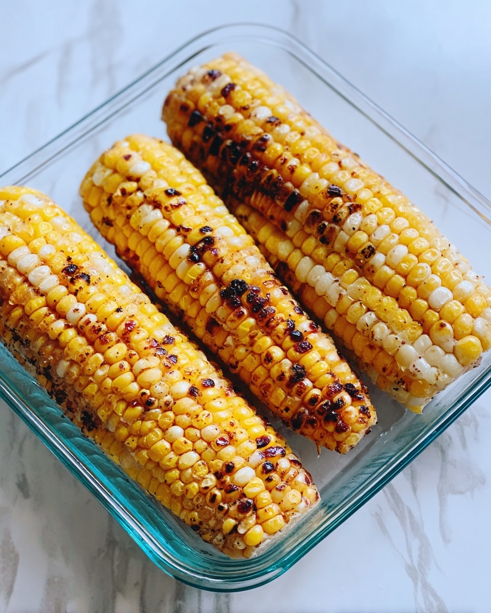 Four pieces of grilled corn on the cob are laid side by side in a clear glass dish. Each corn has a mix of light yellow and white kernels with charred black and brown spots, showing they are cooked on a grill. The corn is resting on a surface with a white marbled texture. The photo taken with an iphone --ar 4:5 --v 7