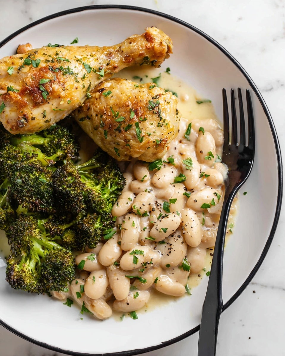 On a white plate with a black rim, there are three main parts arranged closely: at the top left, two golden-brown baked chicken drumsticks sprinkled with green herbs; below them, several pieces of roasted broccoli with dark green and slightly charred edges; on the right side, a creamy serving of white beans covered with light sauce and garnished with specks of black pepper and chopped green herbs. A black fork rests on the edge of the beans on the right side. The plate sits on a white marbled surface. photo taken with an iphone --ar 4:5 --v 7