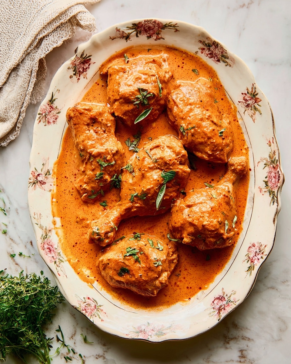 An oval vintage white plate with faded floral designs around the edges holds seven pieces of chicken covered in a thick, creamy reddish-orange sauce. The sauce looks smooth rich with some textured spices, pooling slightly around the base of the chicken. The chicken pieces are arranged closely together, with a few small green herb leaves sprinkled on top for garnish. The plate sits on a white marbled surface, with a small piece of cloth and a sprig of green herb nearby. photo taken with an iphone --ar 4:5 --v 7