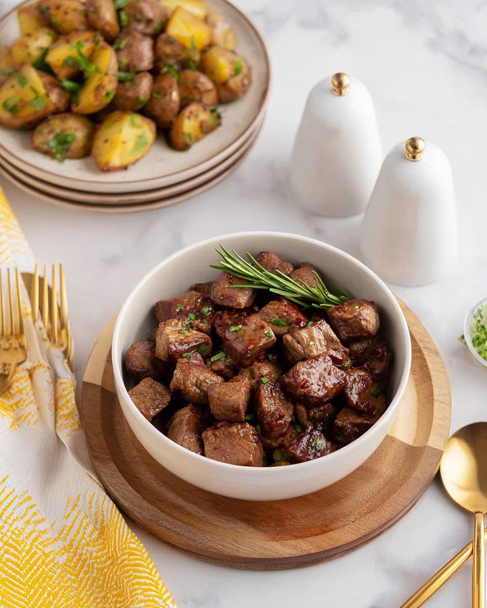 The image shows a white bowl filled with browned, bite-sized pieces of cooked meat, garnished with small green herbs and a sprig of fresh rosemary on top, placed on a round wooden board. Behind it, there is another white bowl containing roasted potatoes with golden and brown edges, mixed with green herbs. To the left, there is a white plate with a beige rim holding three gold forks, alongside a yellow and white striped cloth. Two white ceramic salt and pepper shakers are between the bowls, all placed on a white marbled surface with a gold spoon visible on the right side. Photo taken with an iphone --ar 4:5 --v 7
