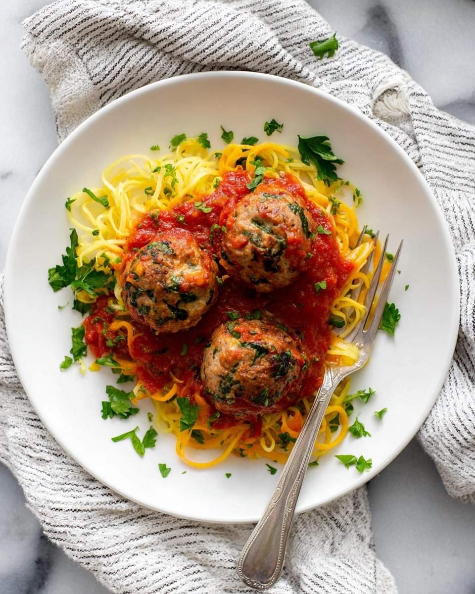 The dish shows three round meatballs with green herbs mixed inside, placed on a bed of yellow spiral noodles. The meatballs are covered with a red tomato sauce that has small green herbs sprinkled throughout. Some green leafy parsley pieces are scattered around the meatballs on the white plate. A shiny silver fork rests on the plate near the bottom right side of the food. The plate sits on a white marbled surface with a soft white and black striped cloth next to it. Photo taken with an iphone --ar 4:5 --v 7