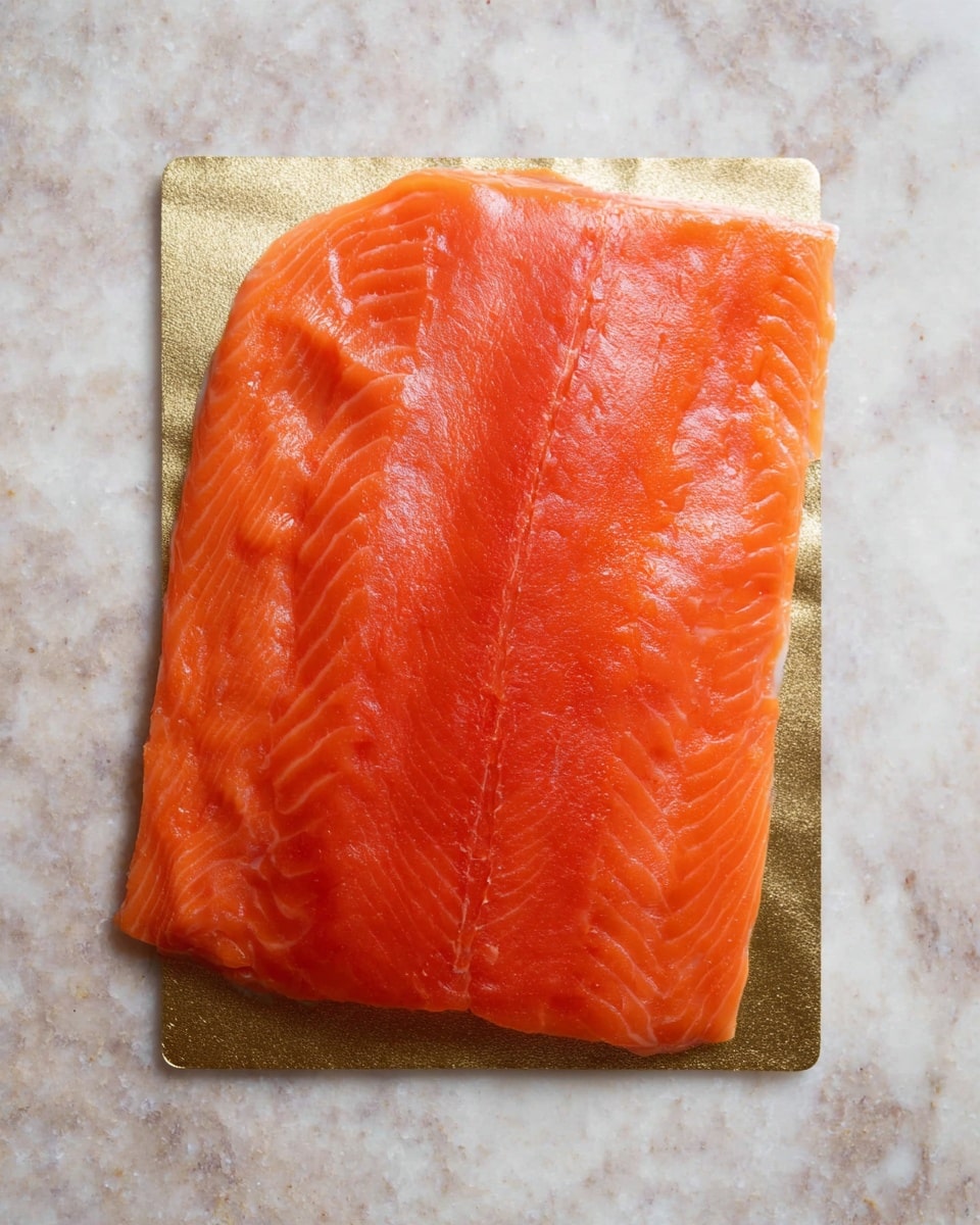 A single large layer of thin, smooth salmon slices with a shiny orange-pink color is laid flat, covering nearly the whole surface of a square gold board with rounded edges. The salmon’s texture shows delicate striations and subtle color shifts, ranging from light to deeper orange tones, creating a fresh and moist appearance. The gold board contrasts with the marbled white surface underneath, emphasizing the salmon’s vibrant color. photo taken with an iphone --ar 4:5 --v 7
