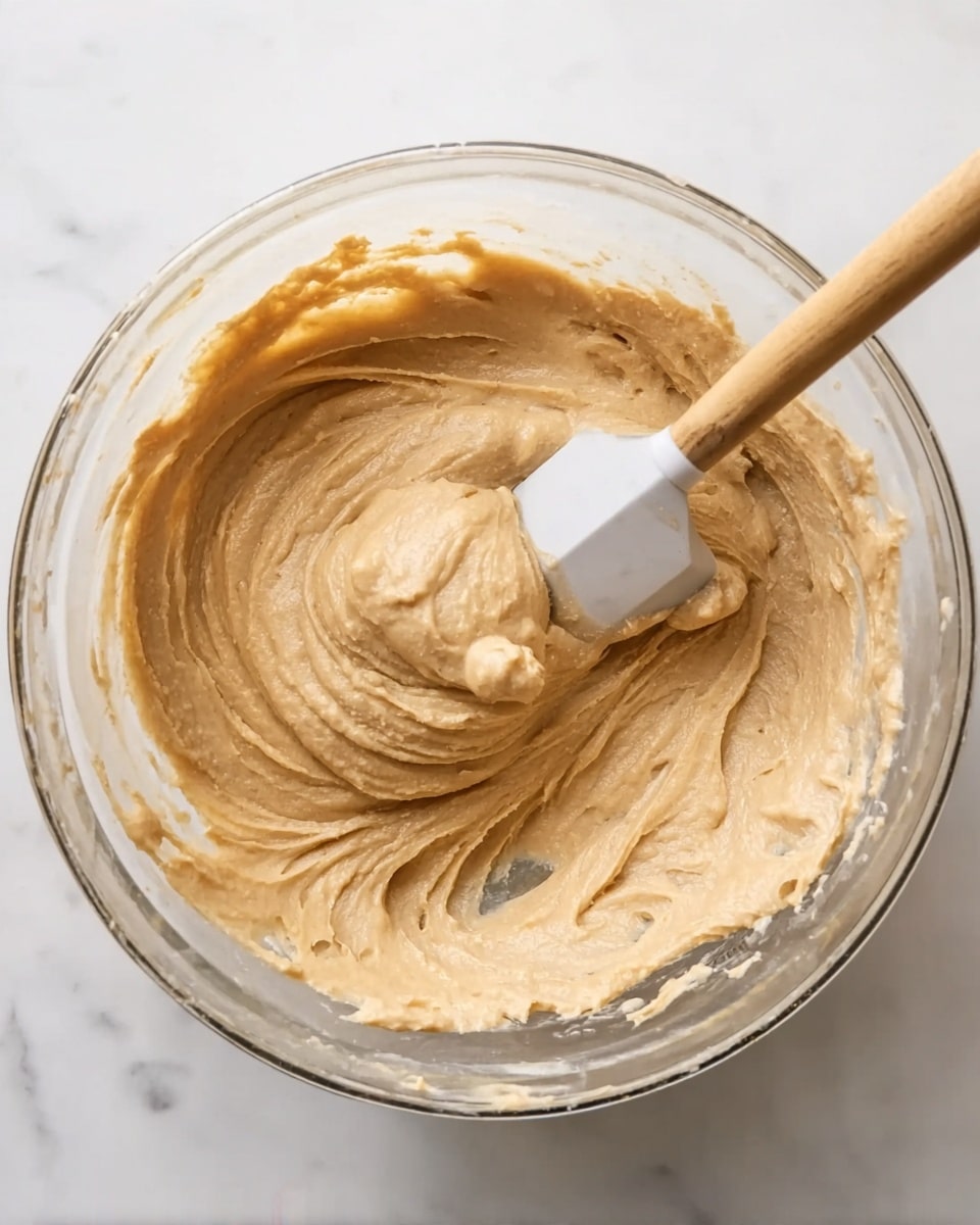 A clear glass bowl sits on a white marbled surface, filled with thick, light brown batter that has a smooth and creamy texture with small lumps throughout. A white silicone spatula with a wooden handle is partially submerged in the batter, resting toward the side of the bowl with batter clinging to its surface. The batter fills most of the bowl, swirling gently around the spatula, showing folds and slight ridges from mixing. Photo taken with an iphone --ar 4:5 --v 7