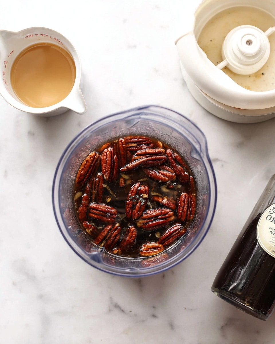 A top view shows a clear round container filled with dark brown liquid and whole pecans floating on the surface. To the left is a small white measuring cup with a little light brown liquid inside, and above it is a white blender blade base. On the right side, there is a white bowl with a pale liquid and a dark bottle with a label that says