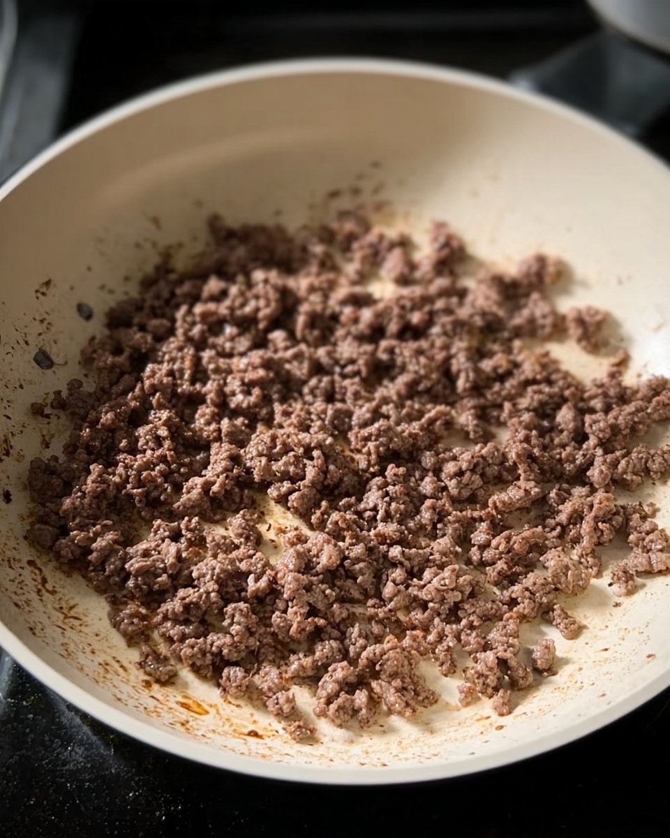 In the image, there is a shallow white pan with browned ground meat spread across the bottom. The meat is broken into small, uneven pieces with a rough texture. Around the edges of the pan, there are light brown spots and bits of residue from cooking. The pan is set on a stovetop, visible at the edges beneath it. The whole scene is simple and focused on the cooking meat. photo taken with an iphone --ar 4:5 --v 7