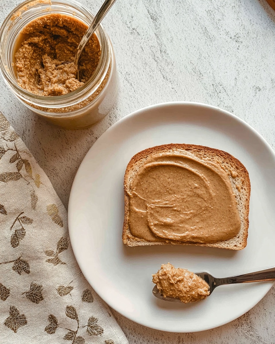 A close-up view of a slice of toasted bread on a white plate, covered with a thick layer of smooth brown almond butter spread evenly across it. Next to the bread is a small dollop of almond butter on the plate, with a silver knife resting partly on this dollop and the plate. To the upper left, there is an open glass jar filled with chunky, light brown almond butter. The items are placed on a white marbled textured surface with a cloth napkin with a simple leafy pattern partly visible in the top right corner. Photo taken with an iphone --ar 4:5 --v 7