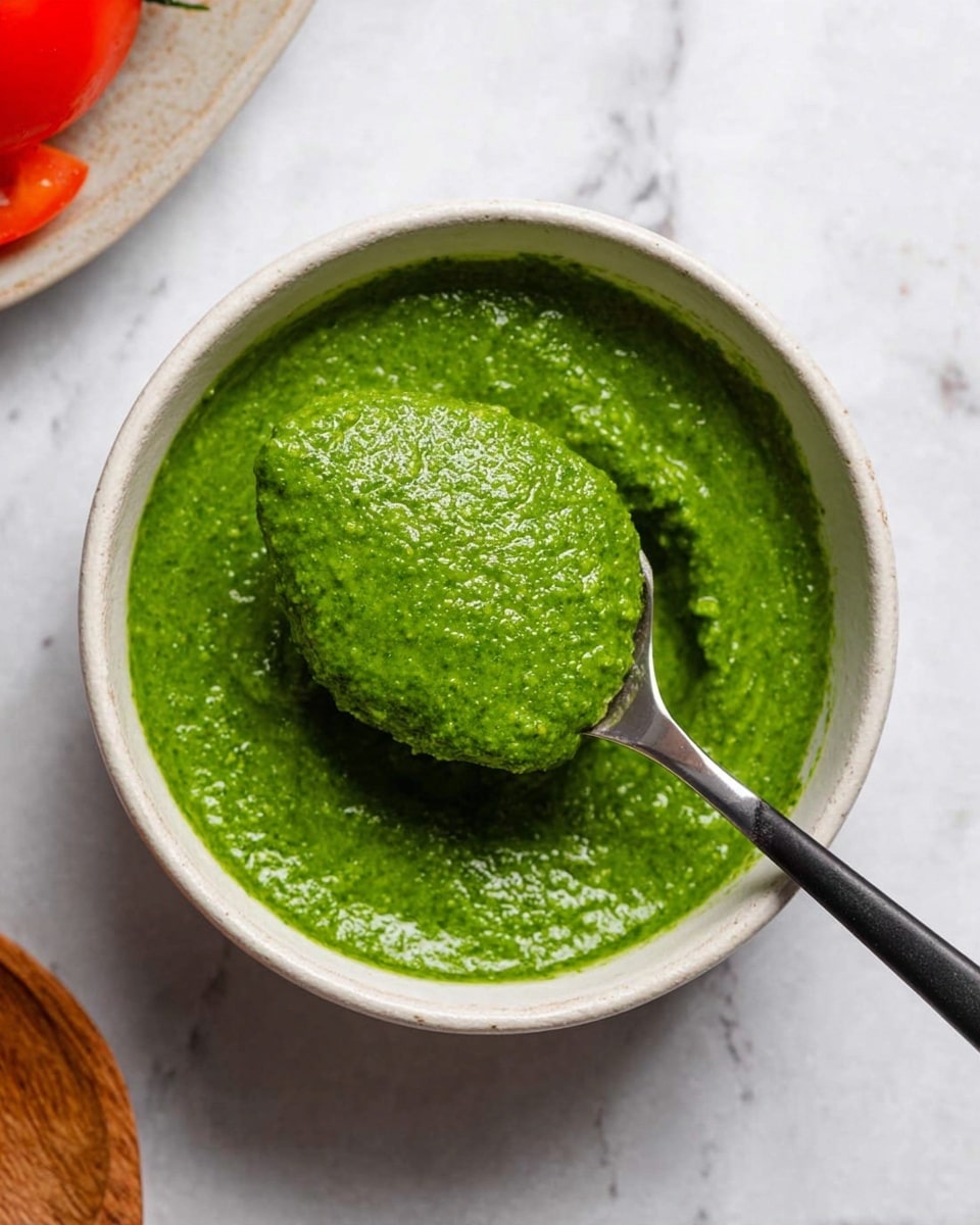A small white bowl filled with bright green sauce that has a slightly rough texture, appearing thick and rich. A metal spoon with a black handle rests inside the bowl, holding a rounded scoop of the sauce that glistens under the light. The bowl sits on a white marbled surface, with a small part of a bright red tomato and a wooden object visible near the edges of the image. Photo taken with an iphone --ar 4:5 --v 7