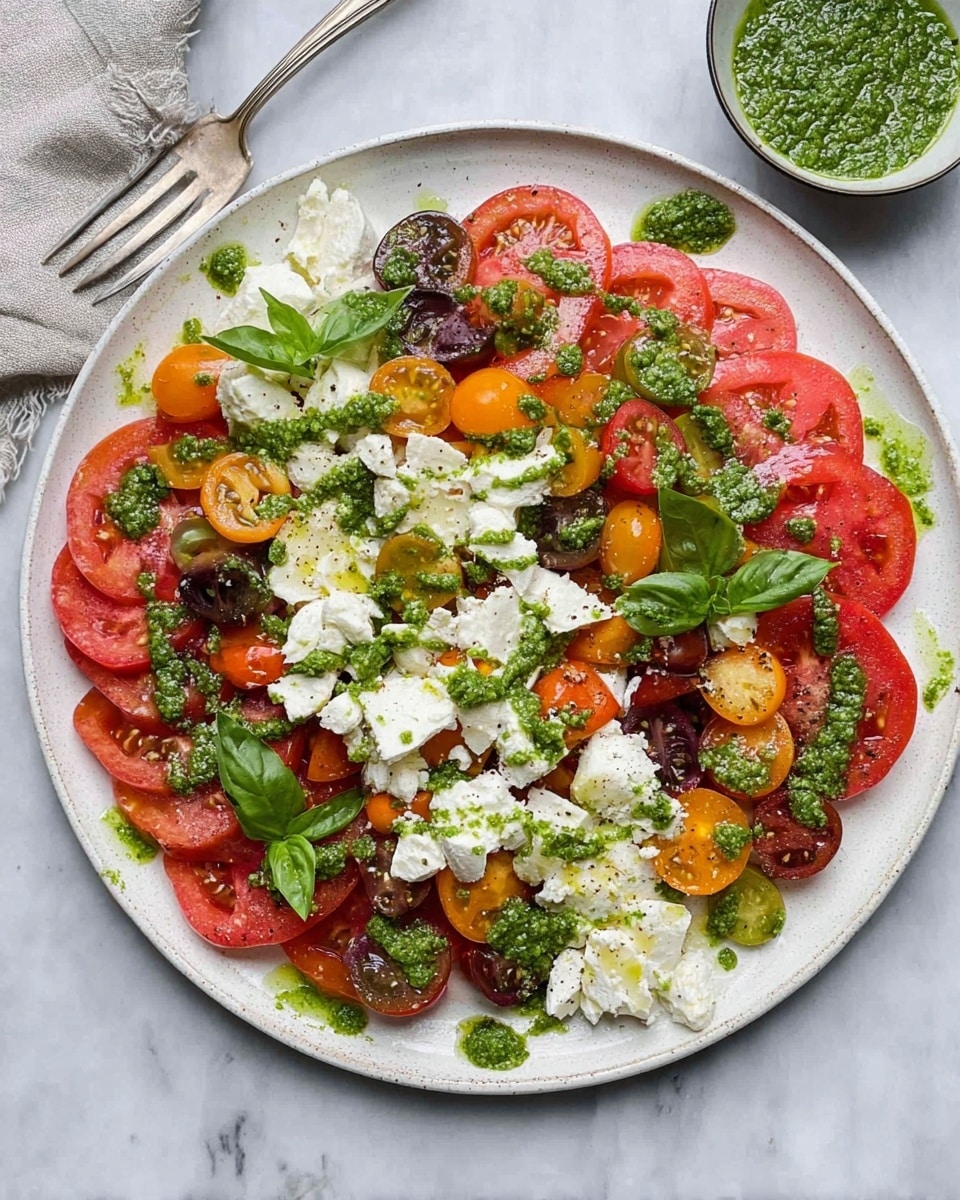 A large white plate holds a colorful salad with three main layers: the bottom layer is made of thin slices of red tomatoes arranged evenly covering the plate, the second layer consists of halved cherry tomatoes in red, orange, and dark purple scattered on top, and the third layer shows soft white cheese torn into small chunks spread around the dish. Green basil leaves of different sizes are scattered on top, with bright green pesto sauce drizzled over everything, creating fresh green highlights. The plate sits on a white marbled surface with a fork resting on the left side and a small bowl of green pesto visible at the top right corner. photo taken with an iphone --ar 4:5 --v 7