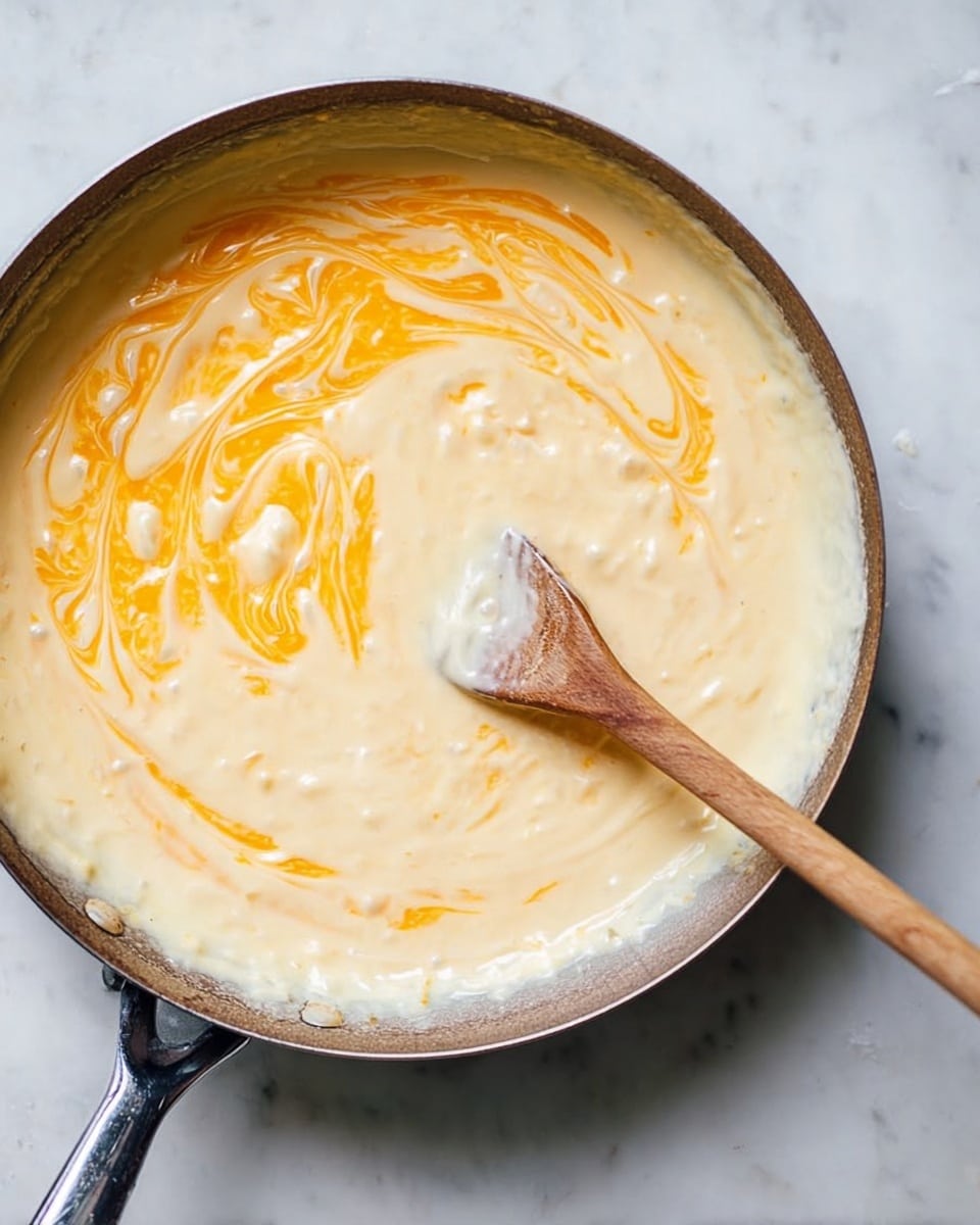 A close-up view of a pan filled with a creamy, light yellow sauce being stirred with a wooden spoon. The sauce shows two layers: a smooth, pale cream base with stringy orange cheese partially melted and swirled evenly on top. The pan has a dark metal edge and handle, resting on a white marbled surface. The wooden spoon is partially submerged, with cheese and sauce clinging to it. photo taken with an iphone --ar 4:5 --v 7