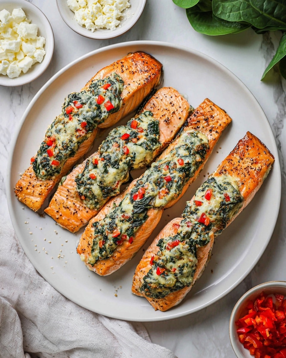 The image shows four cooked salmon fillets placed on a large white plate. Each fillet is topped with a creamy mixture containing green leafy spinach and small red bell pepper pieces, spread in the middle lengthwise. The salmon skin is golden with light char marks, and the tops look slightly browned with black pepper seasoning visible. Around the plate, there is a soft white cloth napkin on the left side and small bowls with white cheese and chopped red bell peppers on the edges. The whole scene is set on a white marbled surface with a leafy green garnish on the top right side. Photo taken with an iphone --ar 4:5 --v 7