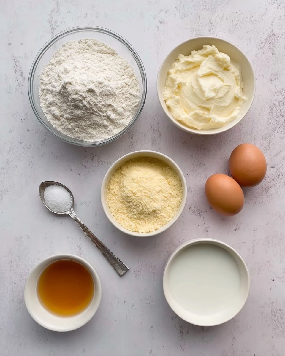 The image shows six small bowls and two brown eggs arranged on a white marbled surface. The top left bowl is filled with white flour and has a clear glass texture. To the right, there is a white bowl with a creamy white thick mixture. Below the flour, a white bowl contains a light yellow crumbly powder. Two brown eggs lie to the right of this bowl. A small metal spoon with white salt is next to the eggs. At the bottom left, a white bowl holds a golden-brown liquid, and to the right, another white bowl is filled with a white liquid. The arrangement is neat and spaced evenly. Photo taken with an iphone --ar 4:5 --v 7
