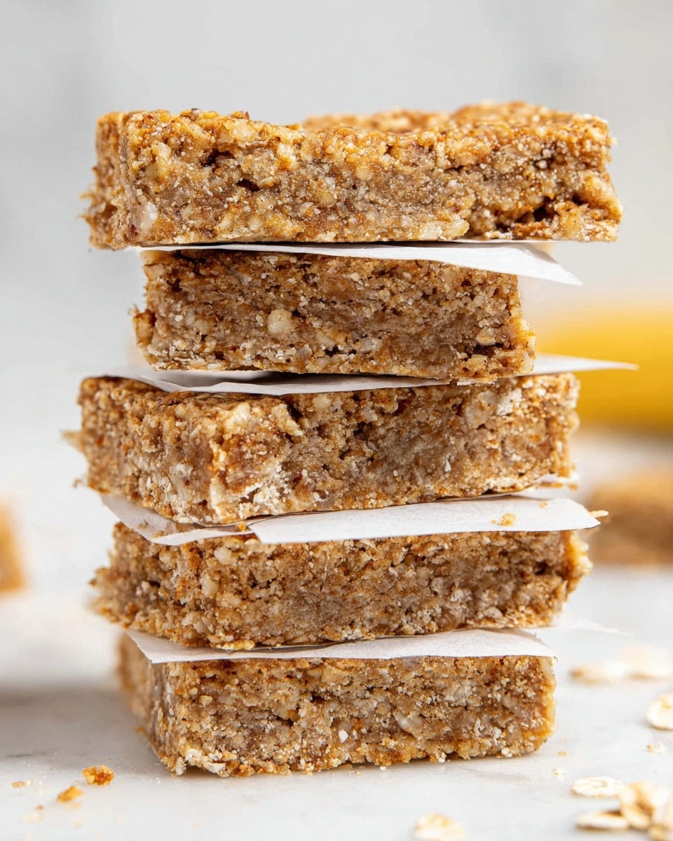 A close-up image shows a stack of five rectangular oat bars with a rough, crumbly texture. Each bar is light brown with visible oats and small bits of banana, separated by thin layers of white parchment paper. The stack stands tall on a white marbled surface, with a few small oat crumbs scattered around the base. The background is softly blurred and white, allowing the oat bars to be the main focus. photo taken with an iphone --ar 4:5 --v 7