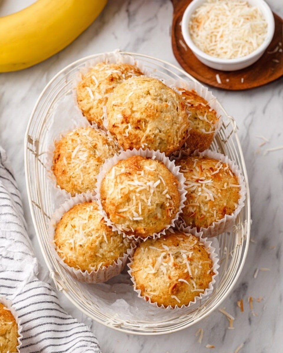 The image shows a white wire basket filled with eight golden brown muffins topped with shredded coconut, each resting in white paper liners. The muffins have a slightly rough texture from the coconut flakes. The basket sits on a white marbled surface with a small white bowl filled with shredded coconut on the upper left side, and a whole yellow banana partially visible at the bottom left corner. A white and gray striped cloth is visible near the bottom edge. The lighting highlights the warm color of the muffins, making them look fresh and inviting. photo taken with an iphone --ar 4:5 --v 7