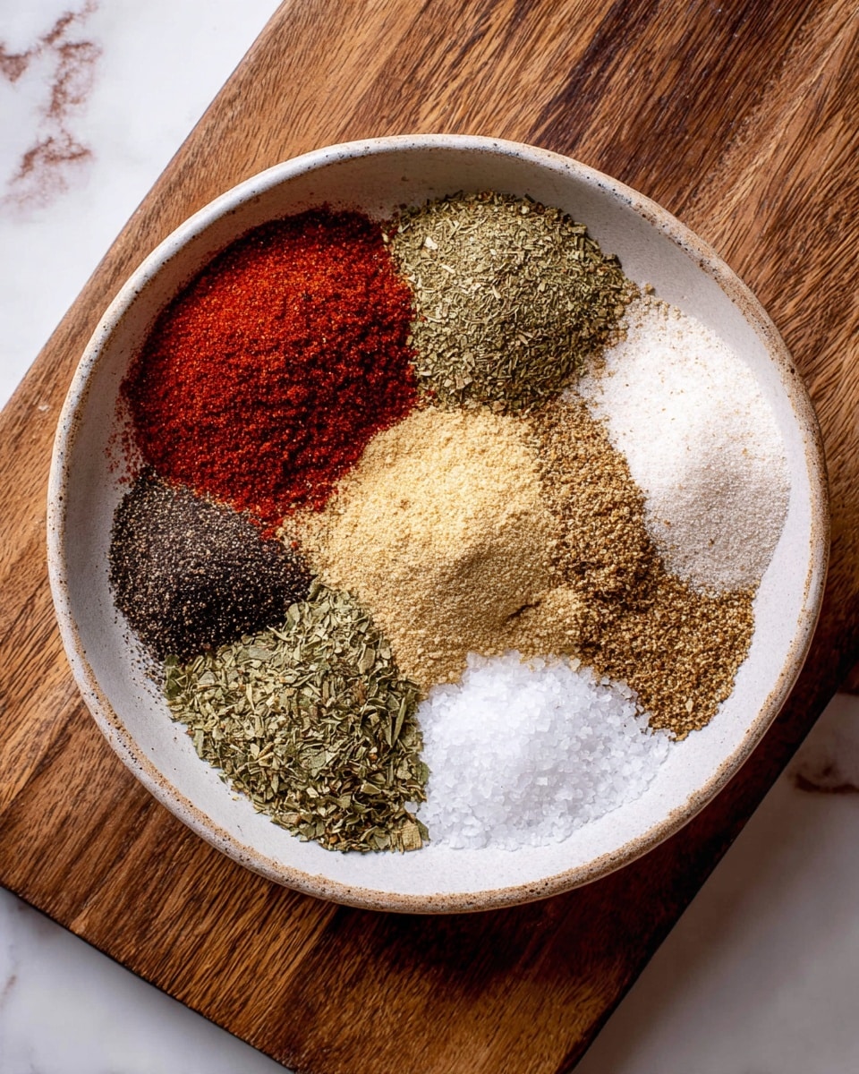 A white shallow bowl holds seven piles of different dry spices arranged side by side in a circular pattern. Starting from the top left, there's a vibrant red powder with a fine texture, next to it a greenish-brown dried herb with a leafy texture. Below that is a mound of pale yellow and light brown fine granules, followed by a small pile of coarse white salt at the bottom right. Moving left, there is finely ground black pepper, next to it a green leafy herb with a rough texture, and finally another small pile of coarse white salt at the bottom left. The bowl is placed on a brown wooden cutting board, with the surface beneath showing a white marbled texture. photo taken with an iphone --ar 4:5 --v 7