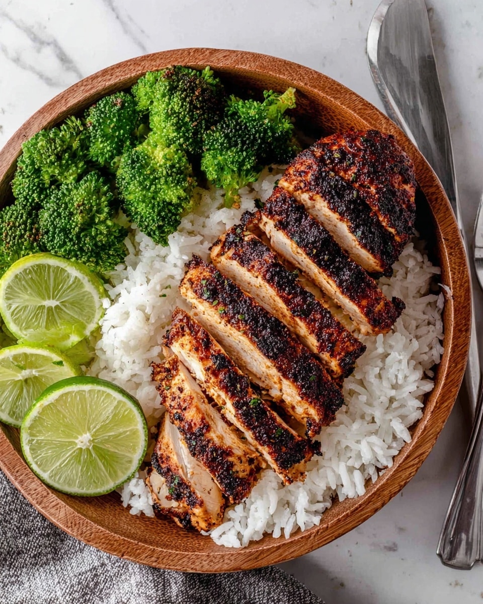 The dish shows a wooden bowl filled with three main parts: bright green broccoli florets on the left, a mound of fluffy white rice in the center, and a sliced piece of darkly spiced grilled chicken on the right. The chicken has seven slices, showing a light beige inside with a dark brown outer crust full of seasoning. At the bottom left inside the bowl, three bright green lime wedges sit next to the broccoli. The bowl is placed on a white marbled surface with a silver fork and a gray and white cloth napkin near its right edge. Photo taken with an iphone --ar 4:5 --v 7