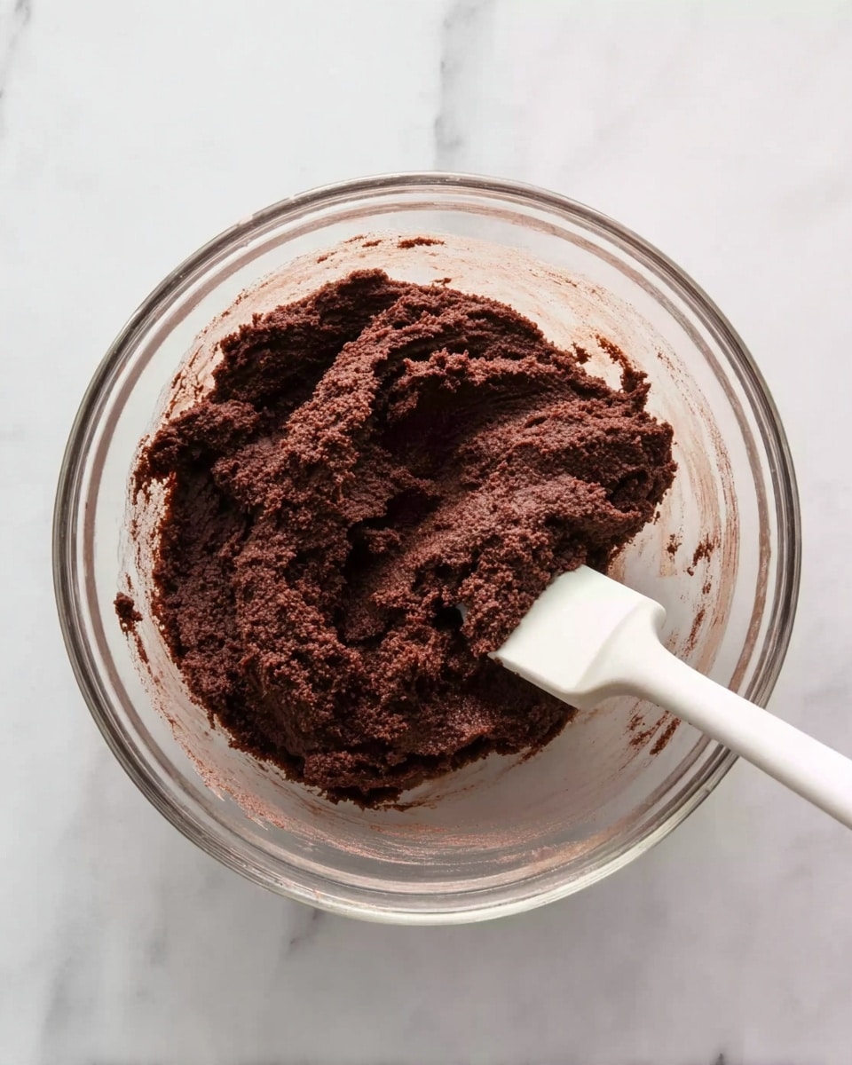A clear glass bowl sits on a white marbled surface, filled with a thick, dark brown chocolate dough with a smooth, slightly crumbly texture. A white spatula is partially buried in the dough, resting on the right side of the bowl, with some dough clinging to it. The lighting highlights the rich, dense look of the dough and the clean, shiny surface of the glass bowl. photo taken with an iphone --ar 4:5 --v 7