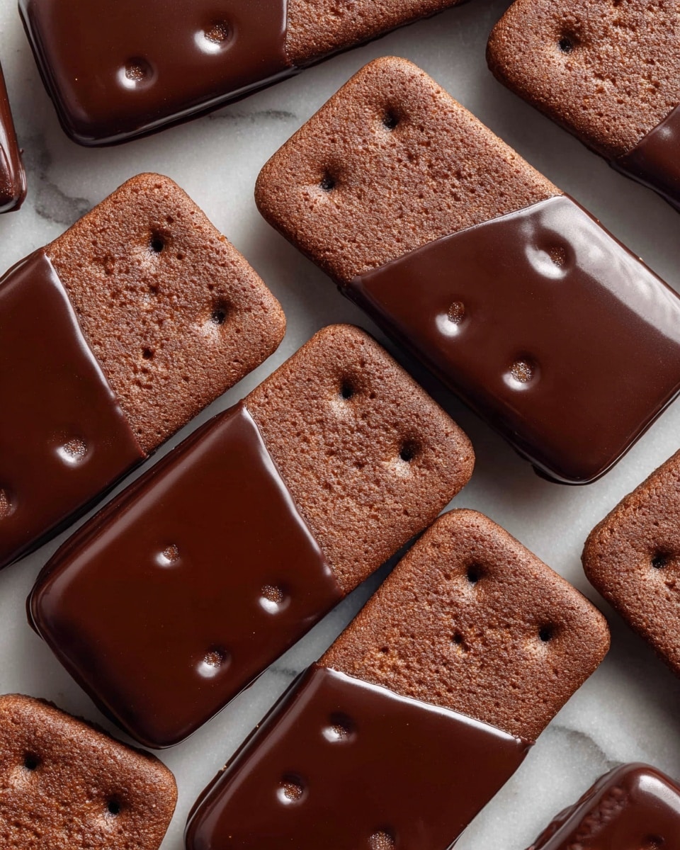 The image shows several rectangular chocolate cookies with rounded edges, each having two layers: a bottom layer of dark brown, rough-textured cookie with three small holes in the center, and a top layer of smooth, glossy dark chocolate coating that covers about half of each cookie diagonally. The cookies are placed close together on white marbled surface, with no visible plate or bowl. The chocolate coating has a shiny, smooth look, contrasting the dry texture of the cookie layer beneath it. Photo taken with an iphone --ar 4:5 --v 7