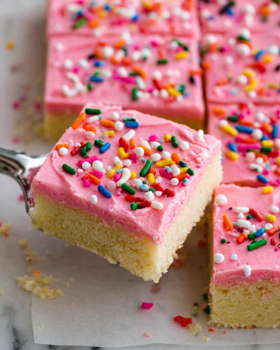 A close-up view of square-shaped sugar cookie bars showing two layers: a thick, soft, pale yellow base layer with a smooth texture and a thick top layer of bright pink frosting, spread evenly. The frosting is decorated with colorful round and cylindrical sprinkles in red, green, yellow, blue, white, orange, and purple, scattered over the entire surface. The cookie bars are displayed on a white marbled surface, with one piece being lifted slightly by a silver spatula. Photo taken with an iphone --ar 4:5 --v 7
