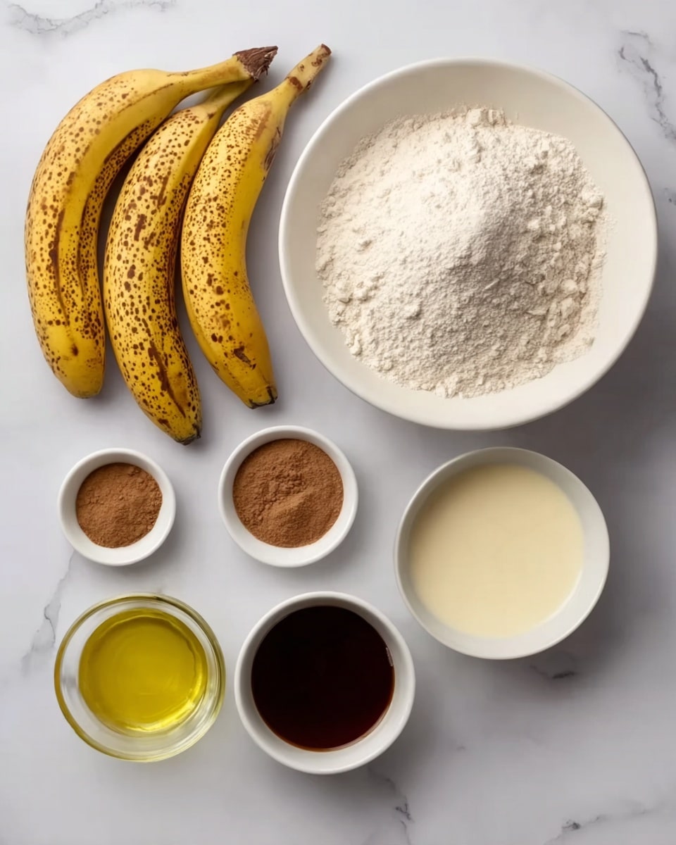 The image shows six main elements placed on a white marbled surface: on the top left, three brown-spotted ripe bananas; next to them on the right, a large white bowl filled with a mound of white flour; below that, from left to right, a small white bowl with light brown cinnamon powder, a small white bowl with a pale creamy liquid, and a small white bowl filled with dark brown liquid; in front of these bowls, a small clear glass cup holds a yellowish liquid, likely oil. The colors range from the bright yellow bananas with brown spots to the pure white flour and bowls, alongside soft yellow, dark brown, and light cream shades in the liquids. The arrangement is neat with all items separate and clearly visible. photo taken with an iphone --ar 4:5 --v 7