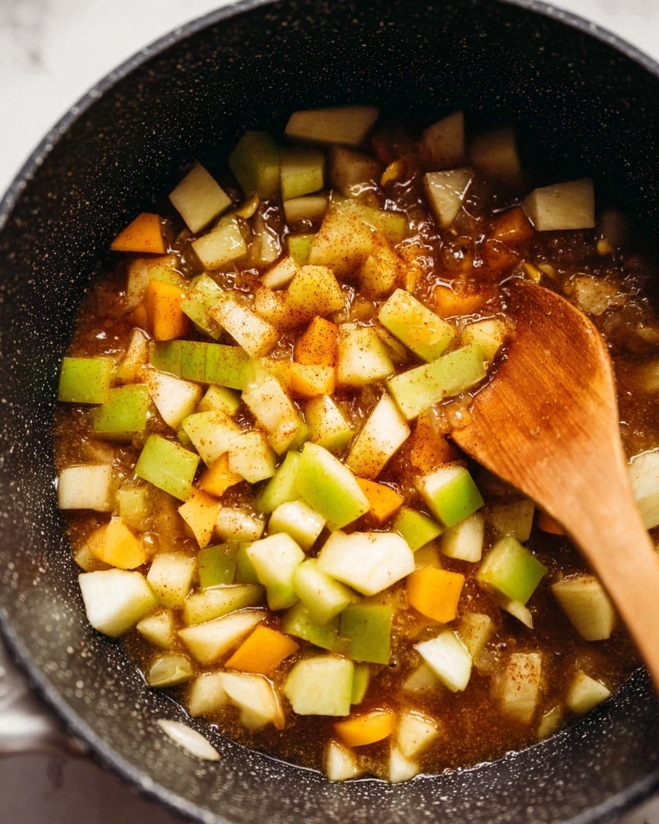 Inside a black pot with a speckled texture, there are many small diced pieces of fruit in different colors: light green, pale yellow, and soft orange, mixed together. The pieces look soft and juicy, sitting in a thin brown liquid that looks like it has spices sprinkled on top. A wooden spoon with a smooth texture is in the middle, stirring the fruit and liquid. The background is a white marbled texture. photo taken with an iphone --ar 4:5 --v 7