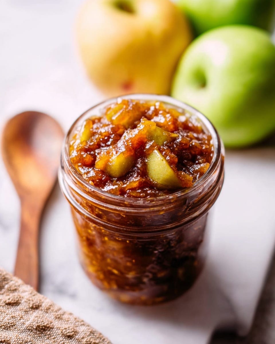 A glass jar filled with chunky apple chutney showing pieces of cooked green apple with a glossy, thick, dark amber sauce covering the fruit bits. In the background, there are two fresh green apples and one yellow apple out of focus on a white marbled surface. A wooden spoon lies nearby, and a beige woven cloth is at the bottom left corner of the image. The jar is centered in the photo and tightly packed with the chutney photo taken with an iphone --ar 4:5 --v 7