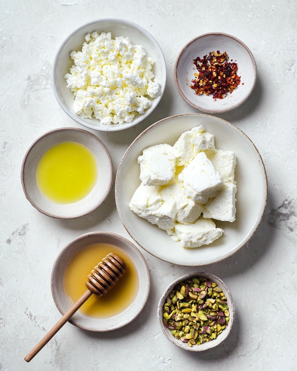 The image shows five white dishes arranged on a white marbled surface. The largest dish in the center holds chunks of soft white cheese with a crumbly texture. Above it, there is a small bowl filled with white cottage cheese. To the left, a small dish contains a pool of light yellow olive oil. Below the cheese, a bowl holds light amber honey with a wooden honey dipper resting inside. To the right of the honey, a small bowl is filled with crushed green pistachios, and beside it, another small dish contains bright red chili flakes. photo taken with an iphone --ar 4:5 --v 7