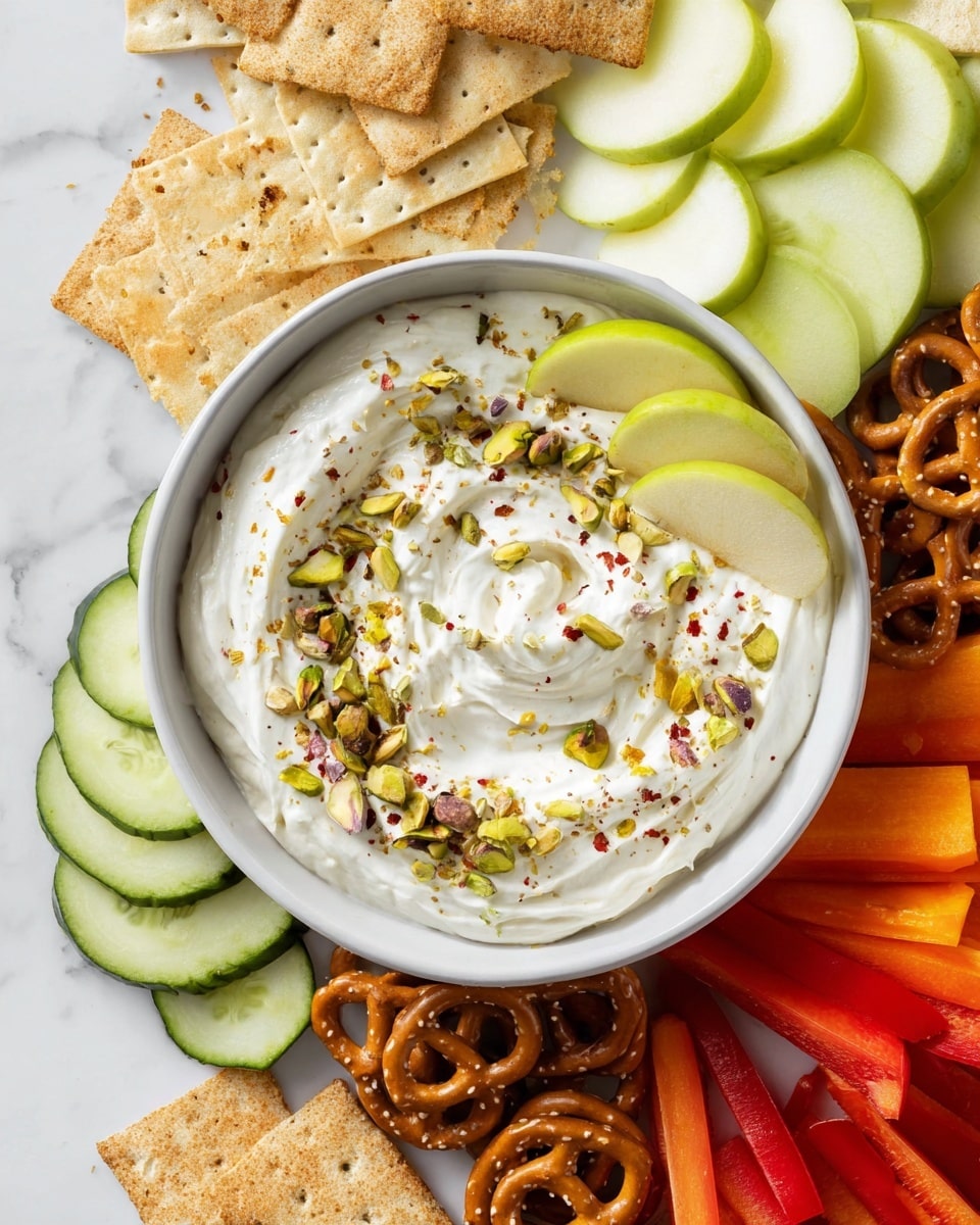 A white bowl sits in the center filled with creamy white dip swirled on top with small green, brown, and yellow pieces of chopped pistachios sprinkled all over along with a few red flakes. On one edge of the bowl, three thin green apple slices lean inside the dip. Around the bowl, there are six layers of food arranged in a circle on a white marbled surface. Starting from the top left, there are pale green apple slices, light beige rectangular crackers with small holes, orange carrot sticks, dark green and light green cucumber slices, golden pretzels, and red bell pepper slices. The colors are fresh and bright with a clean look. photo taken with an iphone --ar 4:5 --v 7