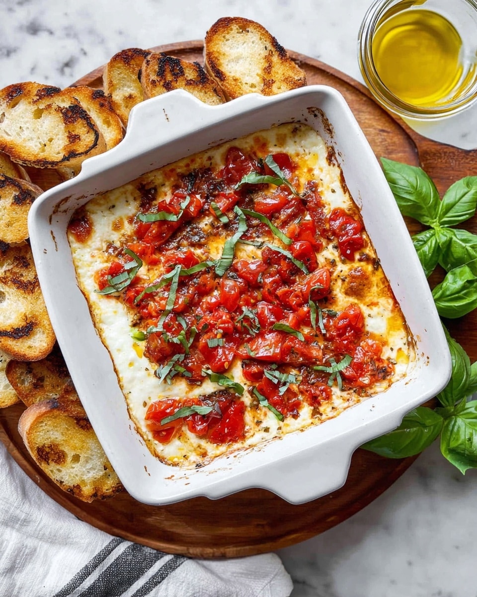 A white square baking dish filled with two layers: the bottom layer is creamy and white with slight golden brown edges showing a baked texture, and the top layer consists of bright red cooked tomato chunks mixed with green basil leaves scattered over. The dish is placed on a round wooden board with toasted slices of bread arranged on the top left and bottom right sides. There is a clear glass jar with yellow olive oil on the top right and fresh basil leaves near it. A white cloth with black stripes is partly visible at the bottom left. The whole set is on a white marbled surface. Photo taken with an iphone --ar 4:5 --v 7