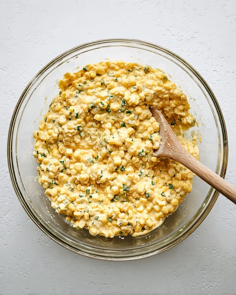 A clear glass bowl filled with a creamy yellow corn mixture that has small green bits of herbs stirred in, showing a thick and chunky texture. A wooden spoon is placed inside the bowl towards the right side, with the spoon's handle resting on the white marbled surface below. The creamy yellow corn mixture looks well combined and covers the bottom and sides of the bowl evenly, highlighting the contrast between the creamy sauce and green herb pieces. Photo taken with an iphone --ar 4:5 --v 7