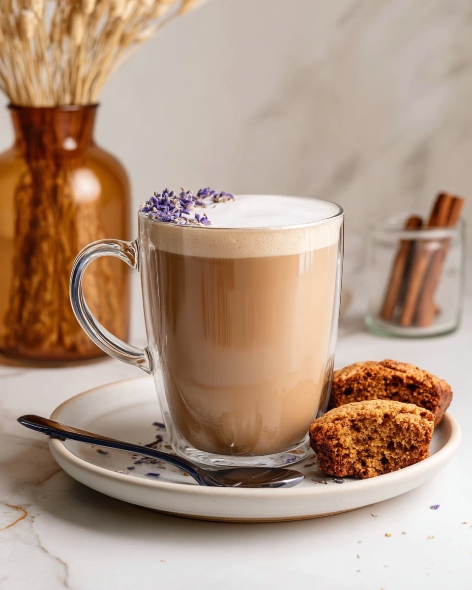 A clear glass mug filled with a light brown creamy drink topped with a smooth layer of whitish foam and small purple flower petals on one side; the mug sits on a white plate with a silver spoon with a dark handle beside it; two pieces of a broken brown muffin are placed on the plate next to the mug; the background shows a blurred amber vase with dried light brown wheat and a small glass jar with cinnamon sticks, all on a white marbled surface; photo taken with an iphone --ar 4:5 --v 7