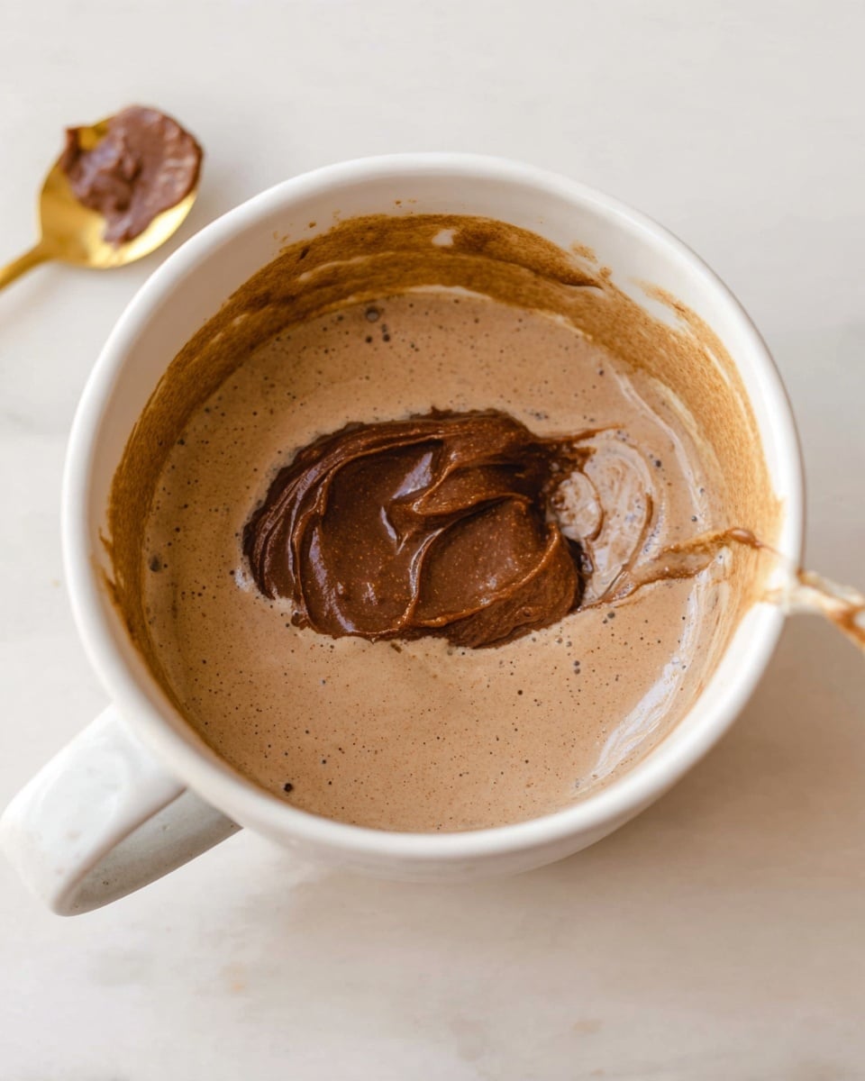 A close-up view of a white cup filled with a light brown creamy mixture that has a smooth texture. In the center of the cup, there is a dollop of darker brown, thick paste sitting on top of the lighter layer. The white marbled surface underneath the cup shows a small gold spoon with some of the dark brown paste inside it, resting next to the cup. The cup handle is visible on the left side of the image. photo taken with an iphone --ar 4:5 --v 7