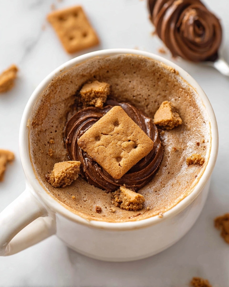 A white cup filled with a single-layer baked dessert that has a light brown, soft, and slightly cracked texture on top. The top is decorated with a whole square cookie placed in the center, surrounded by several broken pieces of the same cookie scattered over the surface. The cup is set on a white marbled surface with a spoon holding a swirl of chocolate cream blurred in the background. Photo taken with an iphone --ar 4:5 --v 7