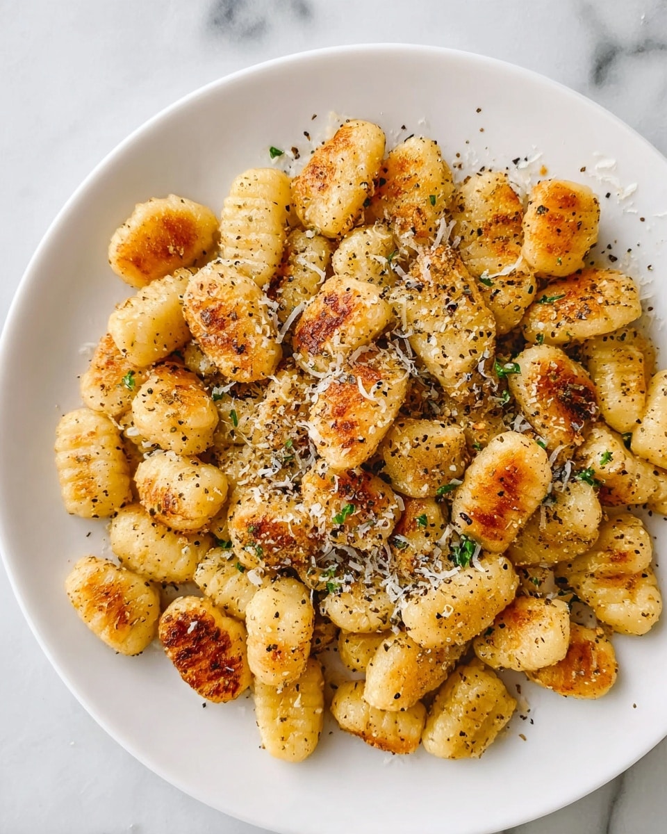 A white plate filled with many small, golden brown gnocchi pieces that have a soft texture and some grill marks. They are sprinkled evenly with grated pale yellow cheese and a mix of black pepper and herbs, creating small dark specks on the surface. The dish rests on a white marbled texture. photo taken with an iphone --ar 4:5 --v 7