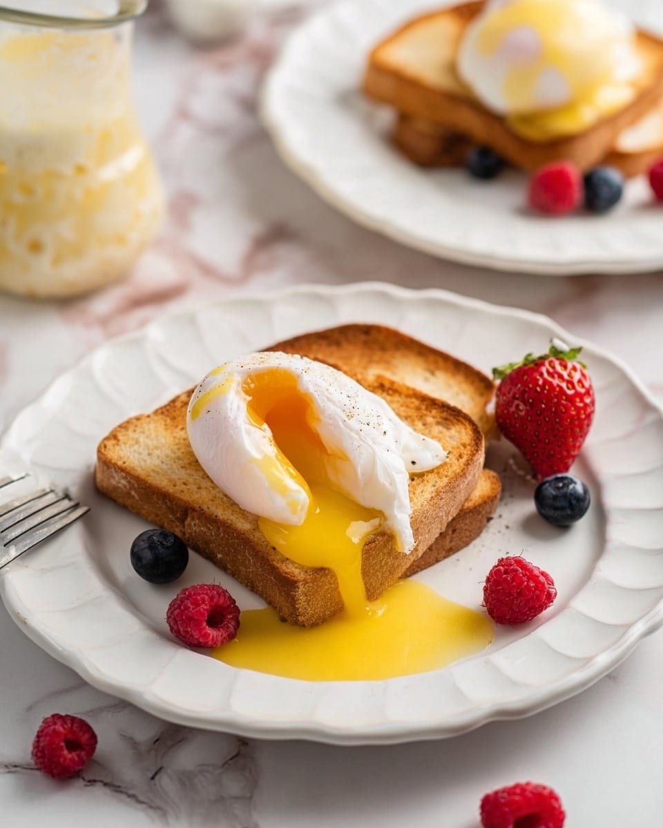 The image shows two pieces of toasted bread on a white plate with a scalloped edge, arranged in a slightly overlapping way. On top of the bread are two poached eggs, one cut open to reveal runny yellow yolk spilling onto the toast and plate, with smooth white egg whites. Around the edge of the plate are small fresh berries including a raspberry, blueberries, and a strawberry placed on a white marbled surface. In the background, there is another white plate with a round breakfast item covered in pale yellow sauce and a clear glass pitcher on the side. The photo taken with an iphone --ar 4:5 --v 7