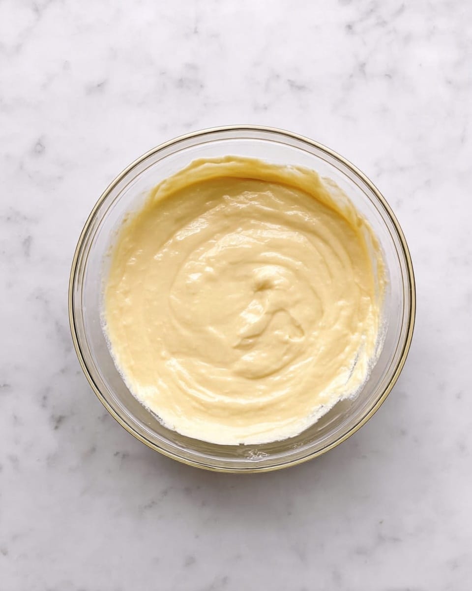 A clear glass bowl filled with a thick, smooth pale yellow batter is placed on a white marbled surface. The batter has a creamy texture with slight movement marks on the top, showing it has been recently stirred. The bowl is seen from above, centered in the image, with the batter evenly spread inside. There are no other items around the bowl. photo taken with an iphone --ar 4:5 --v 7