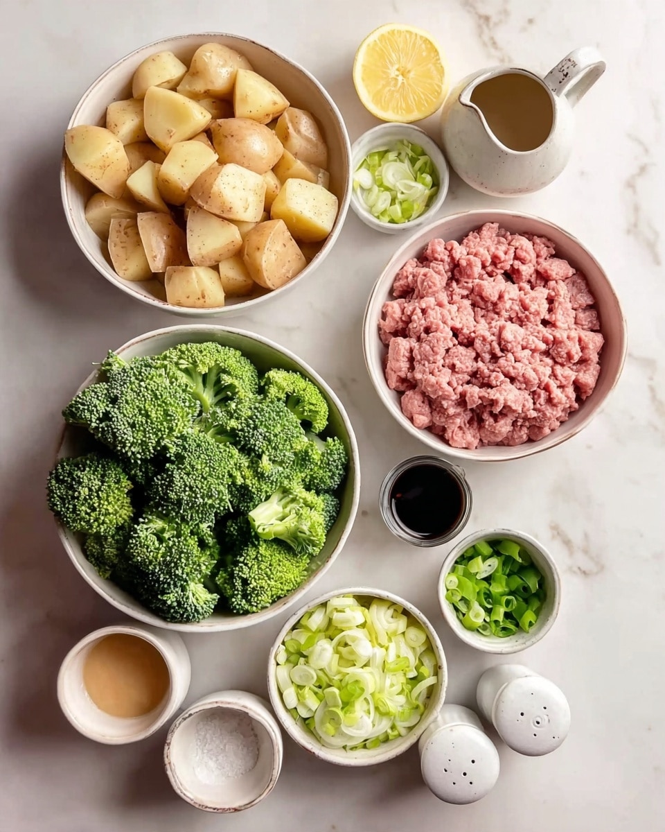 The image shows several white bowls on a white marbled surface. One large bowl holds light brown potato pieces. Another large bowl, filled with bright green broccoli florets, sits nearby. A third large bowl contains raw pink ground meat with a textured look. Smaller bowls hold chopped white onions, sliced green onions, and minced garlic. There is also a small bowl with light brown sauce, a small cup with dark soy sauce, and a white pitcher with a pale liquid. A cut lemon half and two white round salt and pepper shakers complete the setup. Photo taken with an iphone --ar 4:5 --v 7